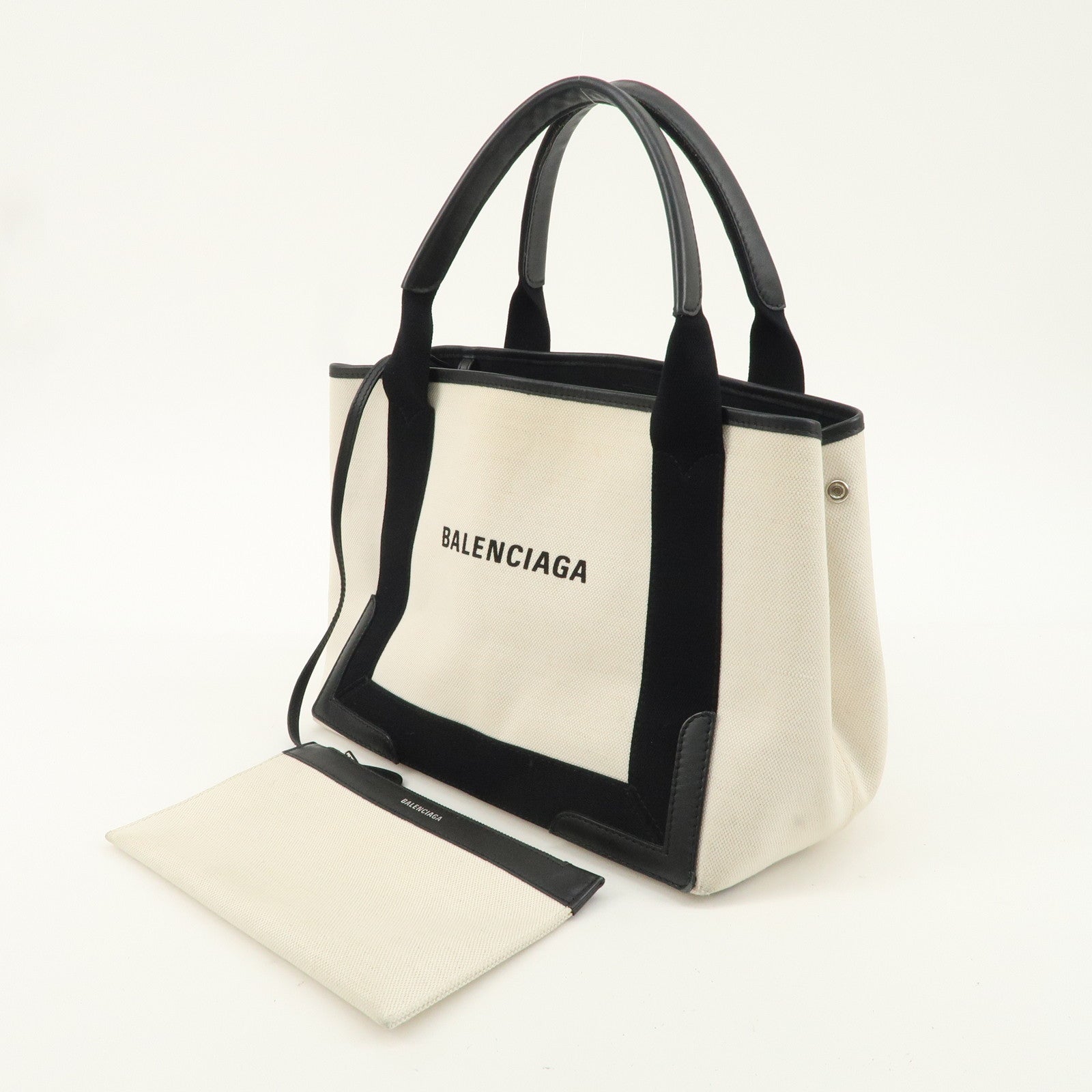 BALENCIAGA Navy Cabas S Canvas Leather Tote Bag Ivory Black 339933