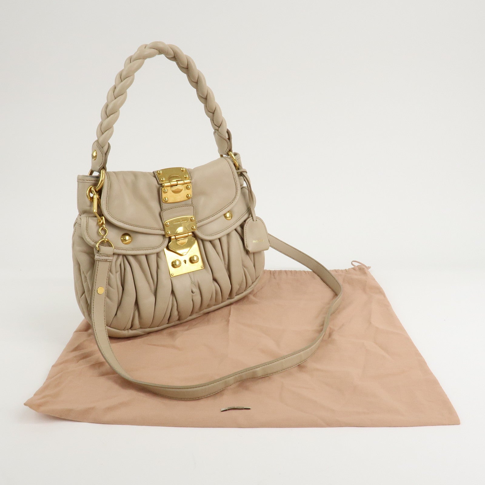 MIU MIU Leather 2Way Shoulder Bag Hand Bag Beige RR1358 Used