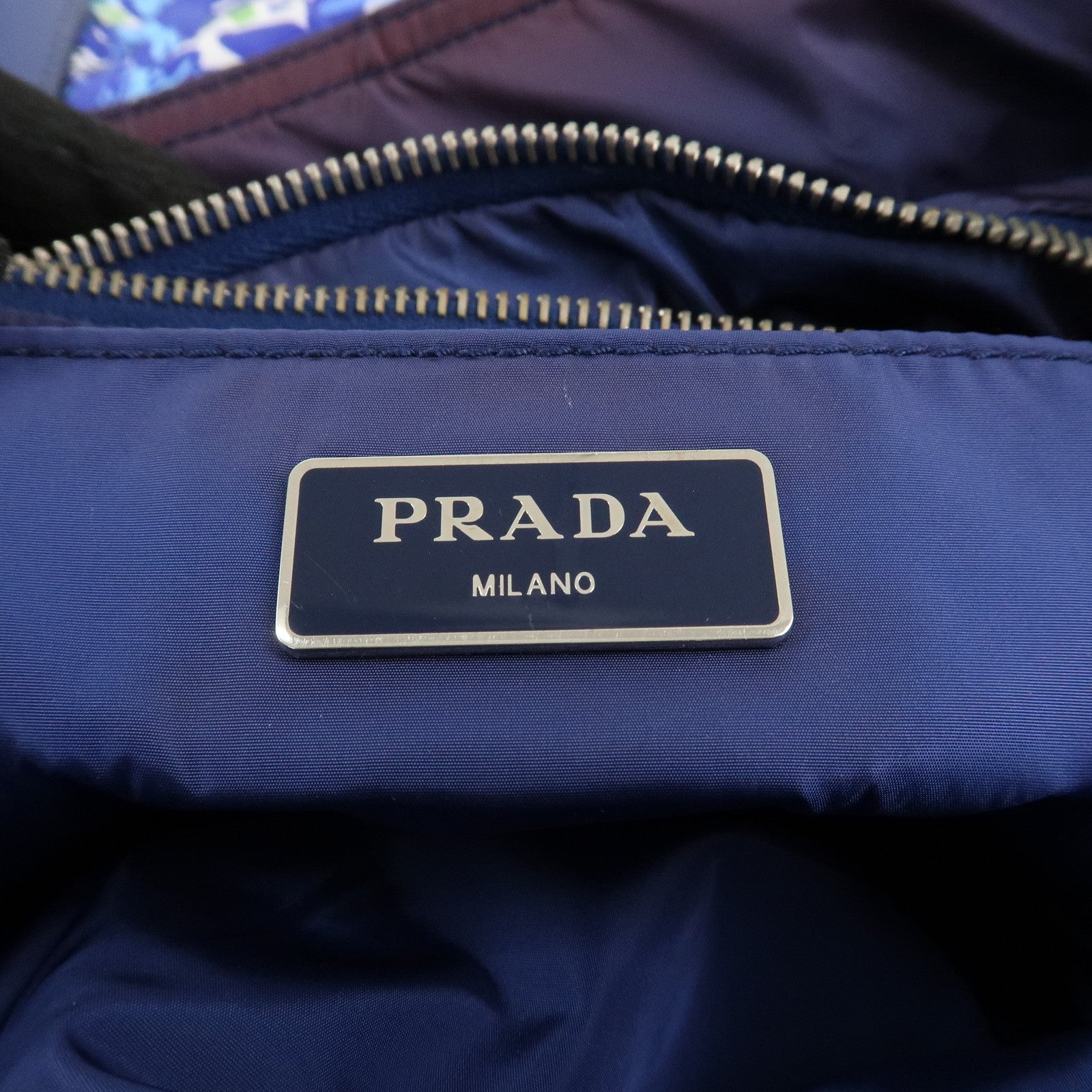 PRADA Logo Nylon Leather Tote Bag Floral Print Blue BN2851