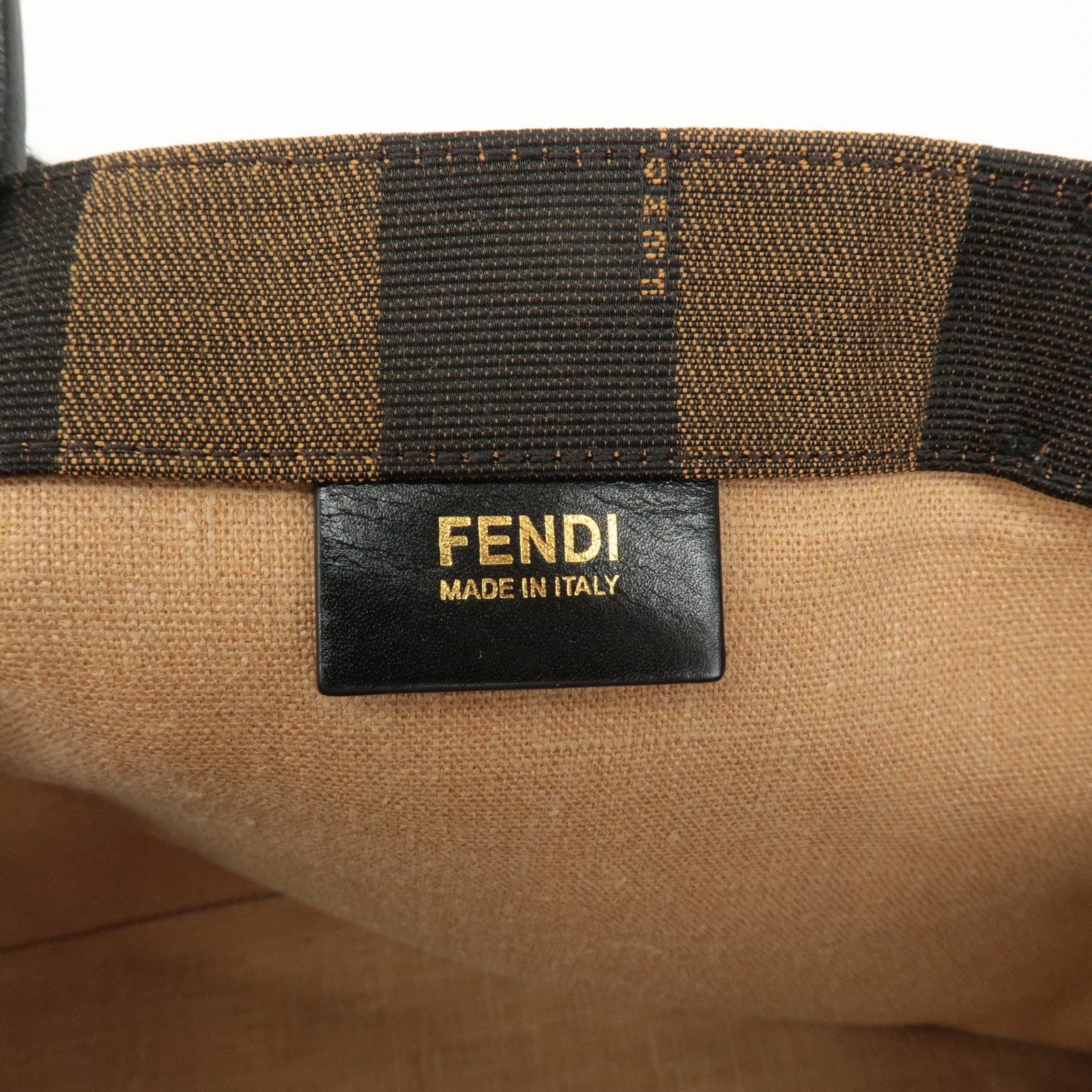 FENDI Pequin Canvas Leather Tote Bag Hand Bag Brown Black 8BH252