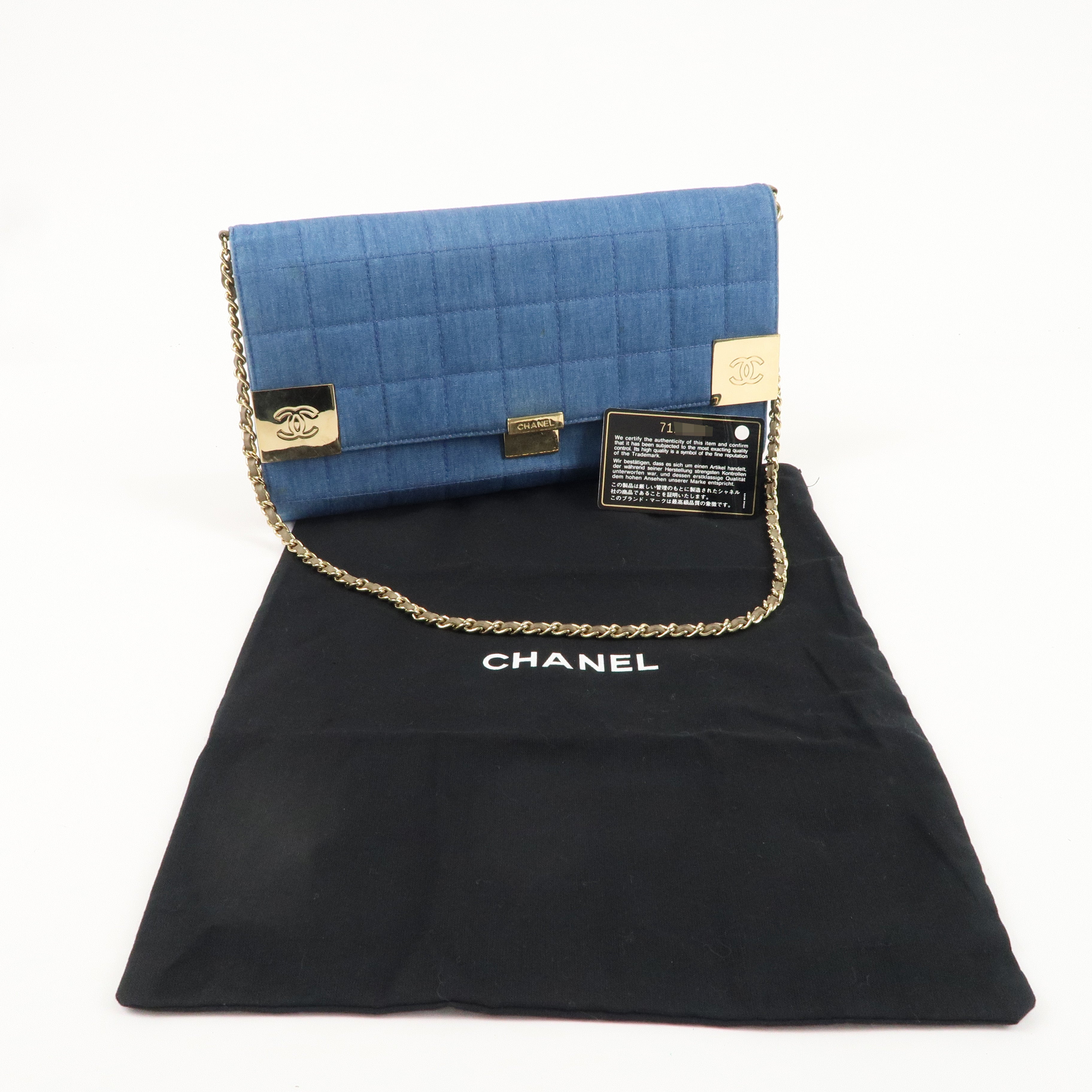 CHANEL Chocolate Bar Denim Leather Chain Wallet Blue