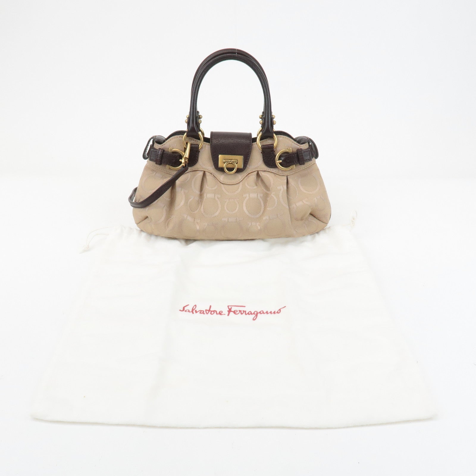 Ferragamo Gancini Canvas Leather 2Way Bag Beige Dark Brown