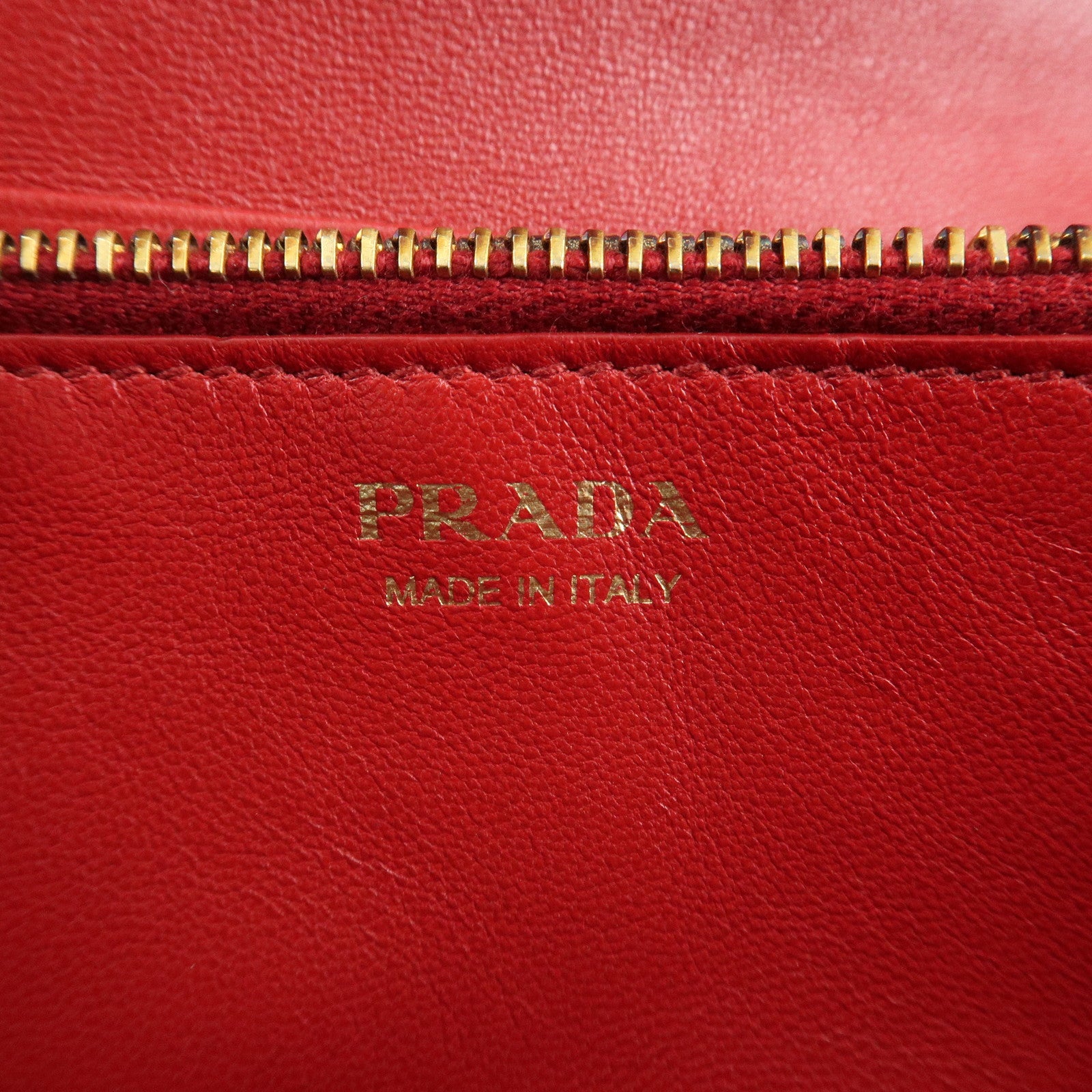 PRADA Logo Leather Bi-Fold Long Wallet Red Gold Hardware