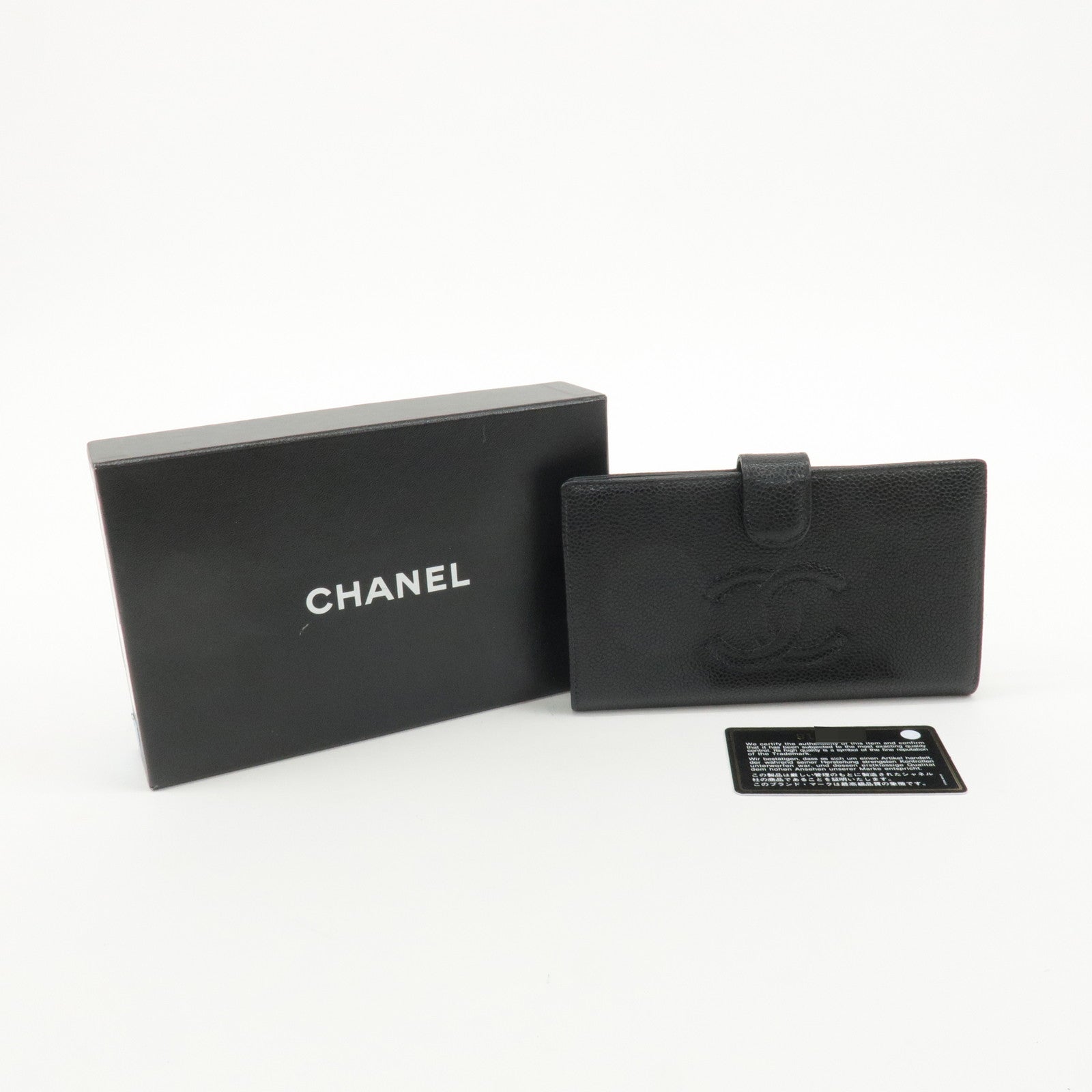 CHANEL Caviar Skin Bi-Fold Long Wallet Black A13498 Used