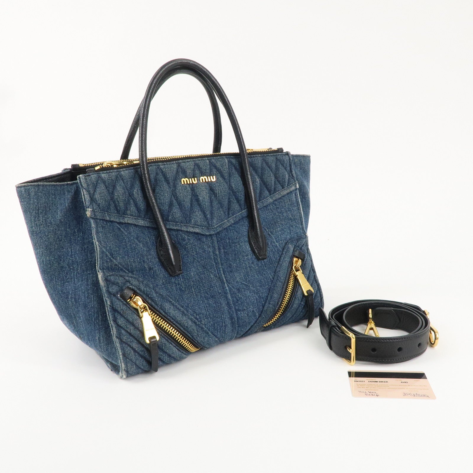 MIU MIU Denim Leather Biker 2WAY Bag Blue Black RN1031