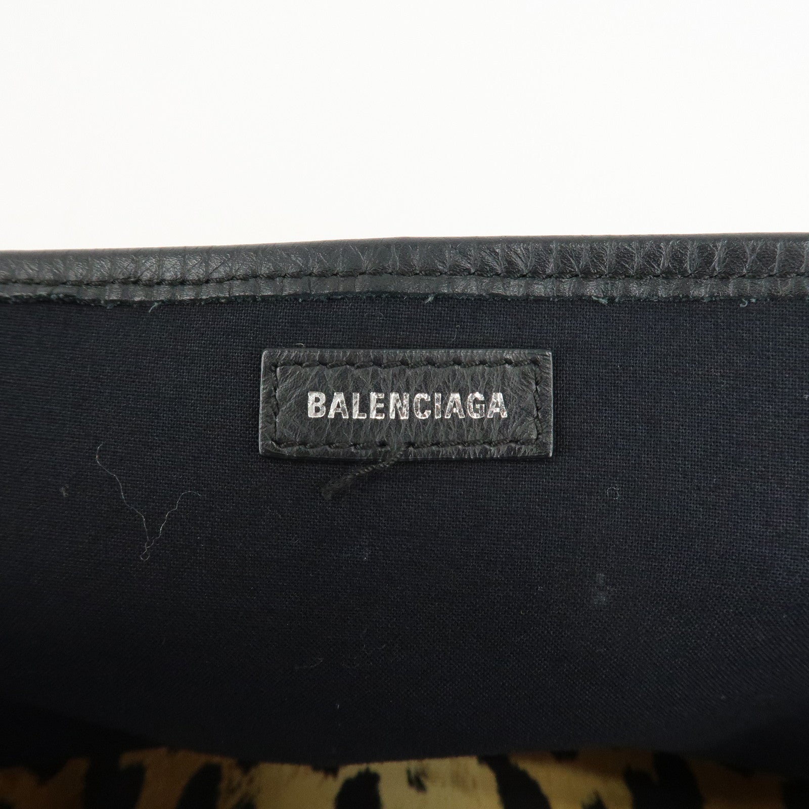 BALENCIAGA Navy Cabas S Canvas Leather Tote Bag Leopard 339933