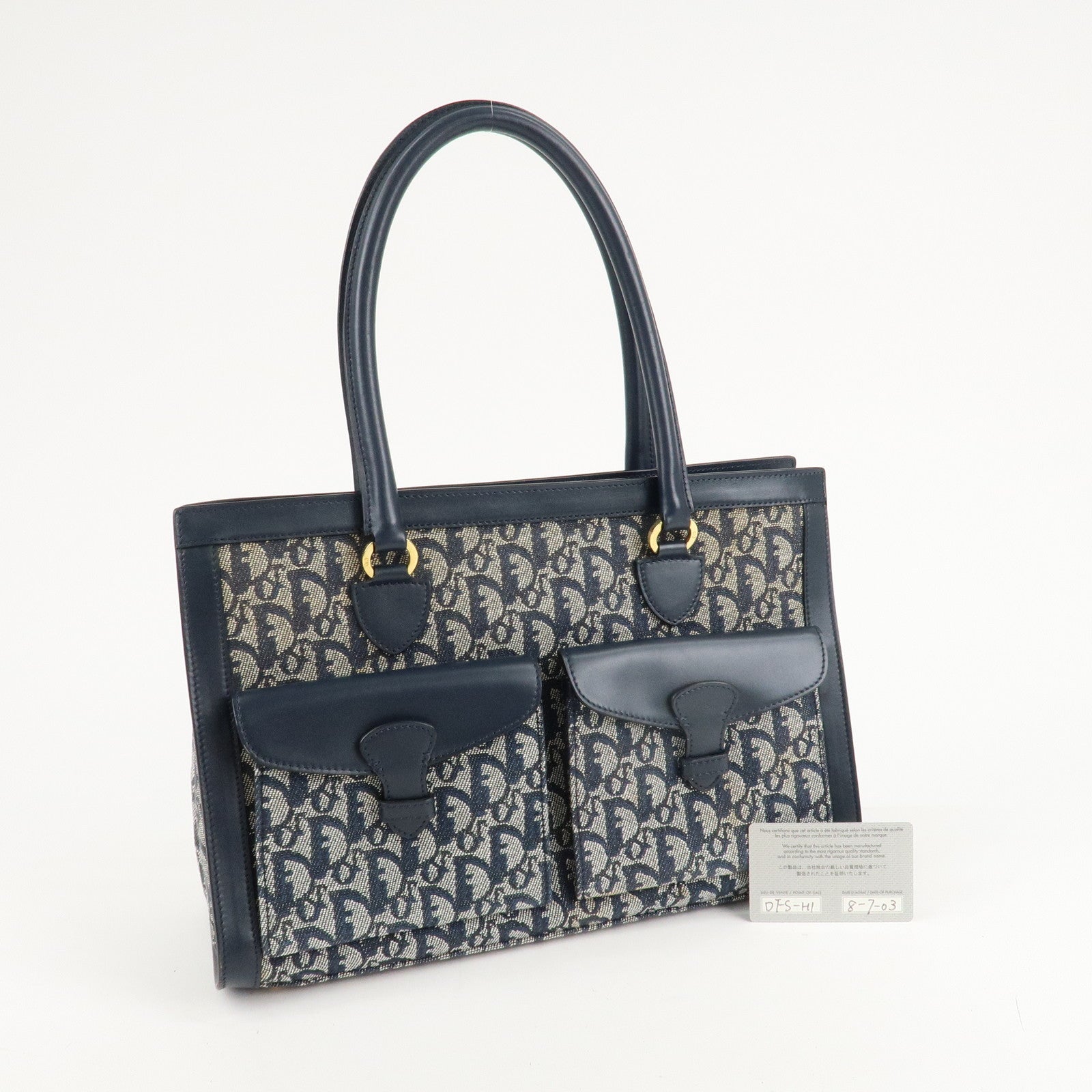 Chiristian Dior Trotter Jacquard Leather Tote Bag Hand Bag Navy Used