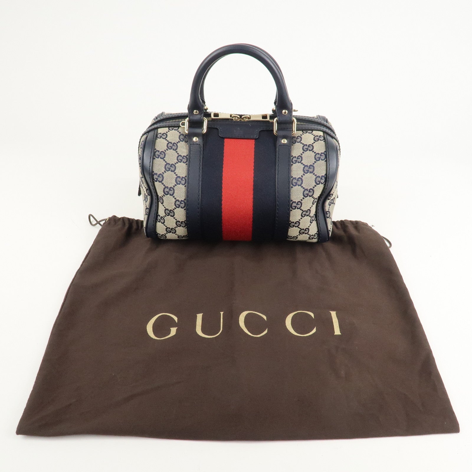 GUCCI Sherry GG Canvas Leather Boston Bag Beige Navy 269876 Used