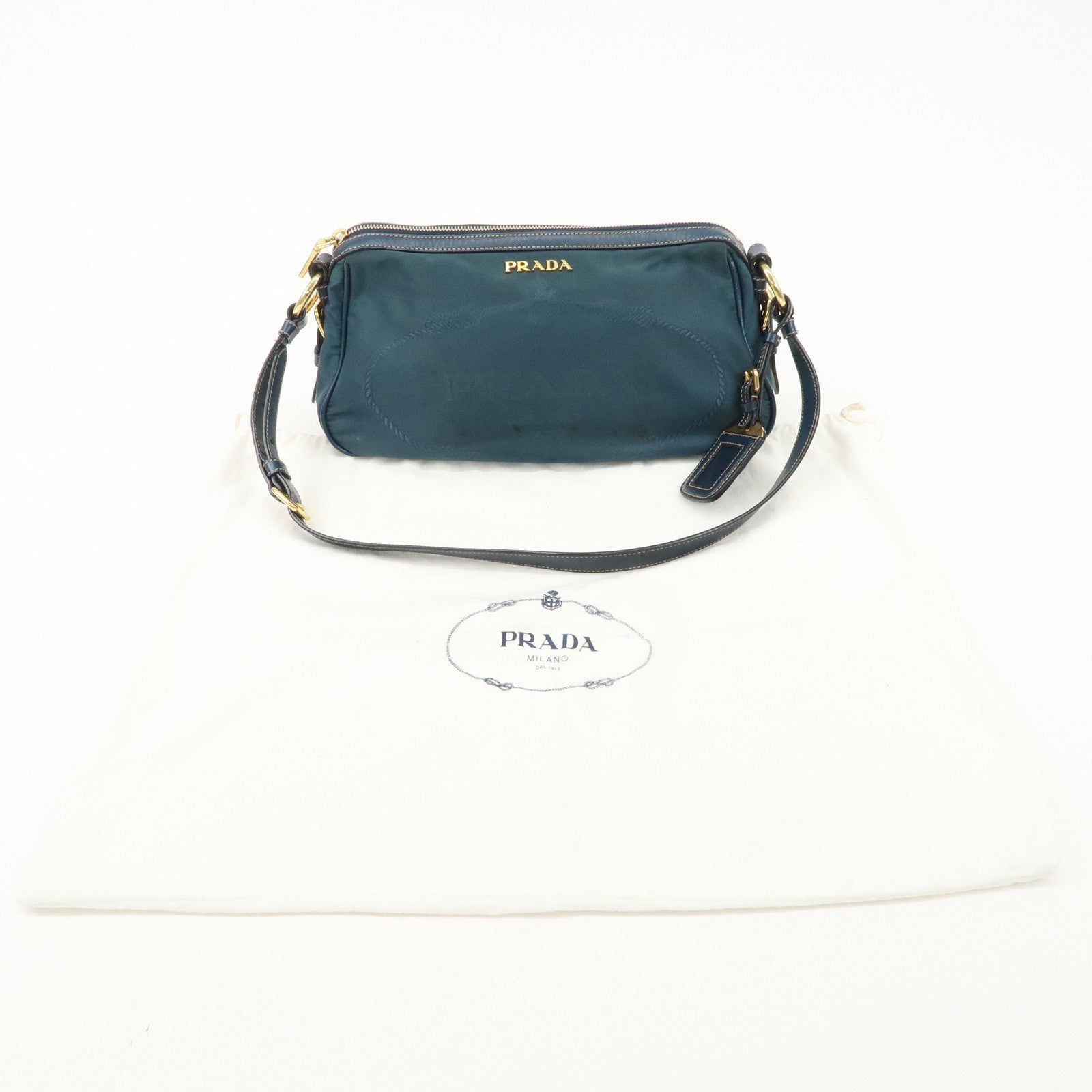 PRADA Nylon Leather Shoulder Bag Hand Bag Navy Gold HDW