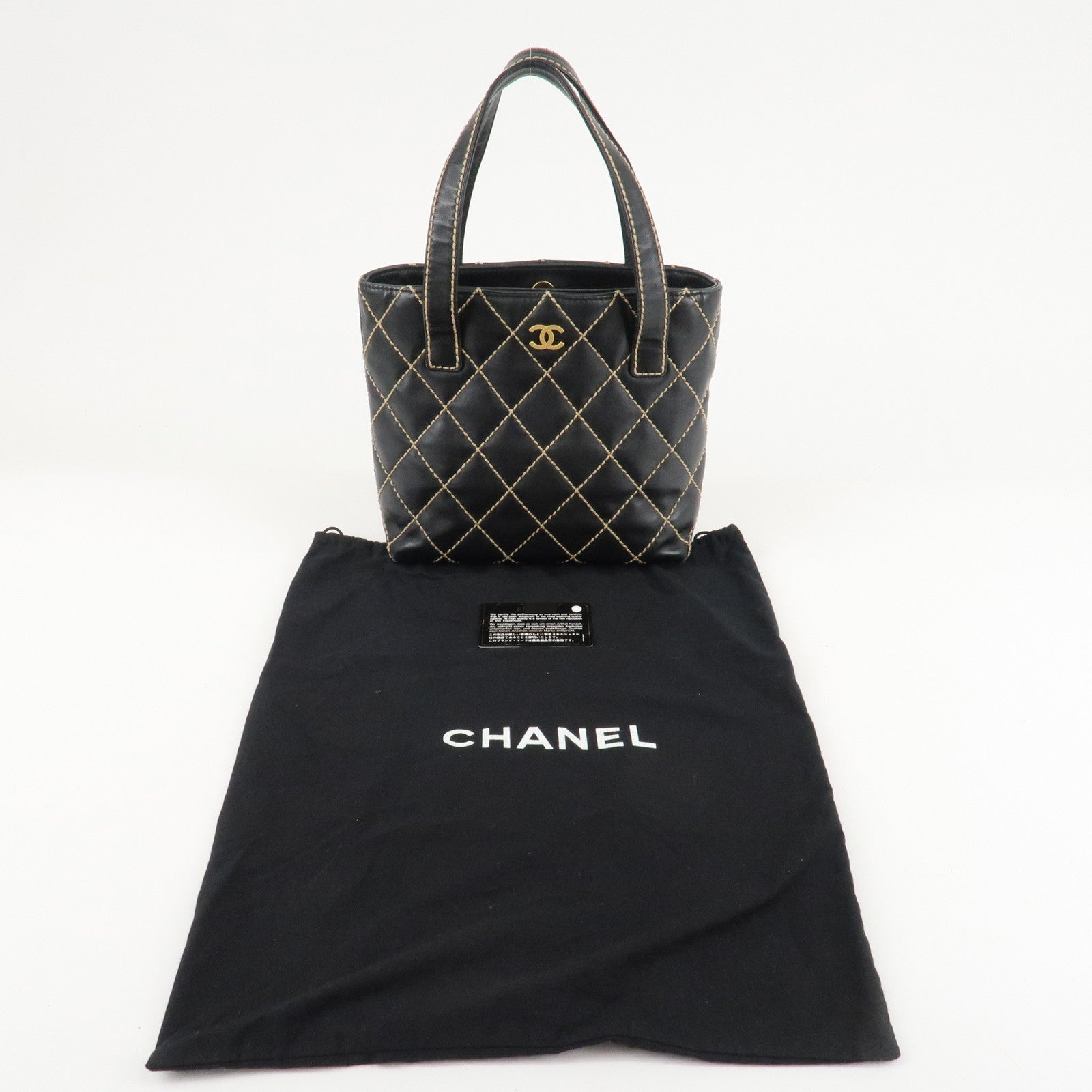 CHANEL Wild Stich Lamb Skin Tote Bag Hand Bag Black A18126 Used