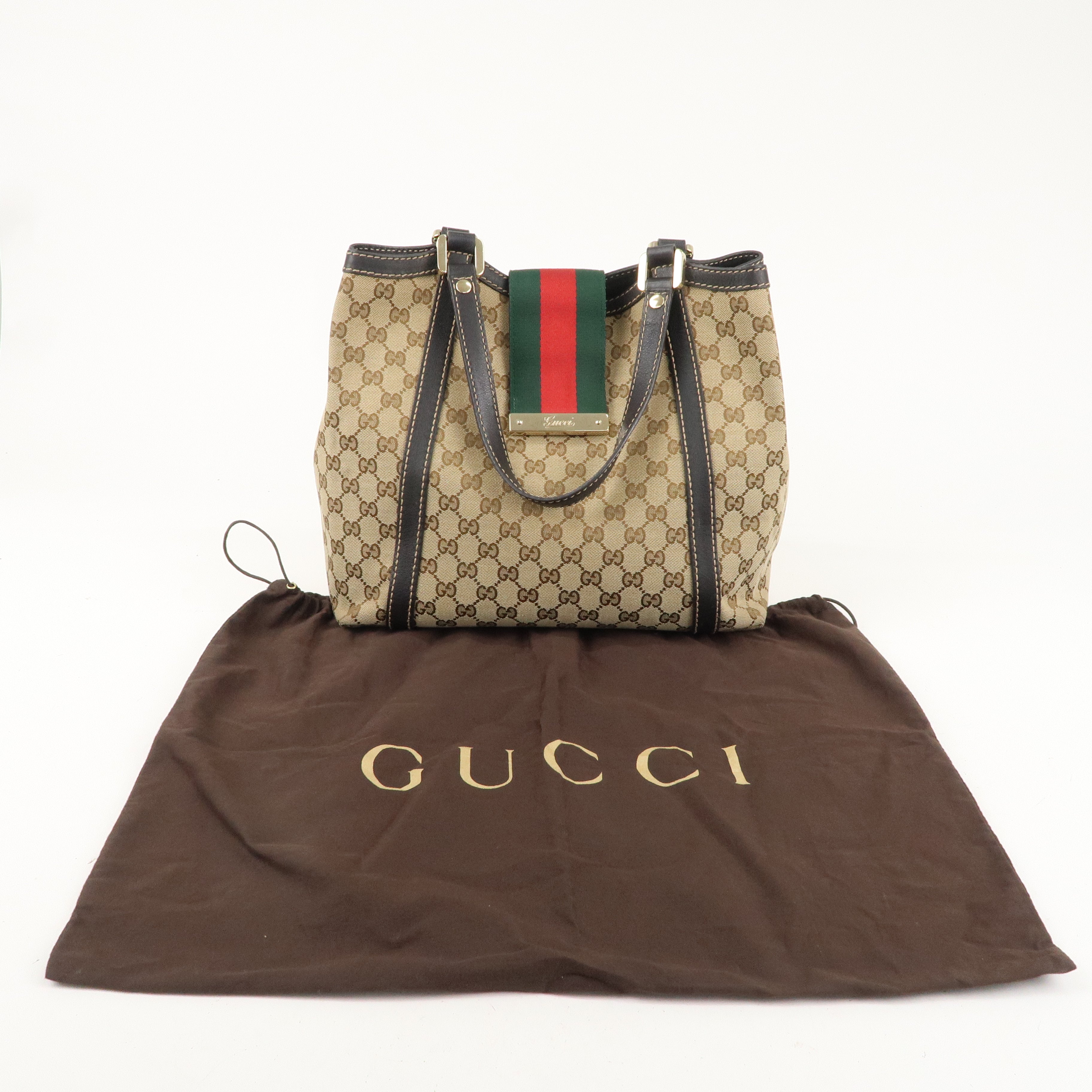 GUCCI Sherry GG Canvas Leather Tote Bag Beige Brown 233607