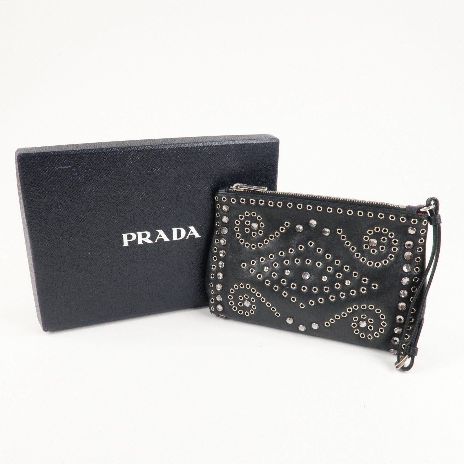 PRADA Logo Leather Line Stone Pouch Black Silver