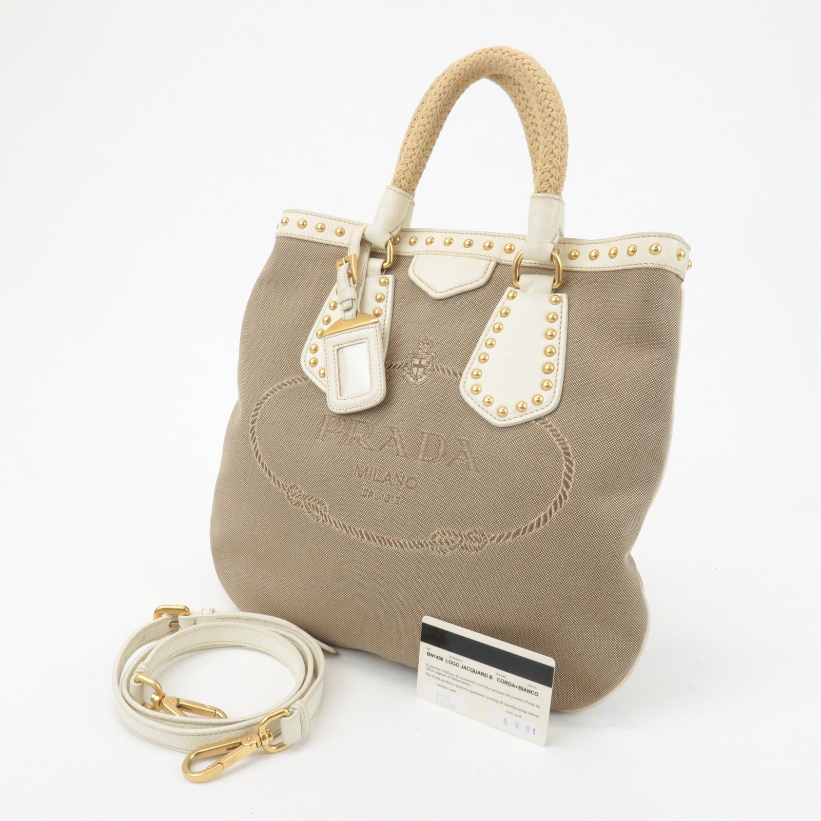 PRADA Canvas Leather 2WAY Logo Studs Hand Bag Beige BN1450 Used