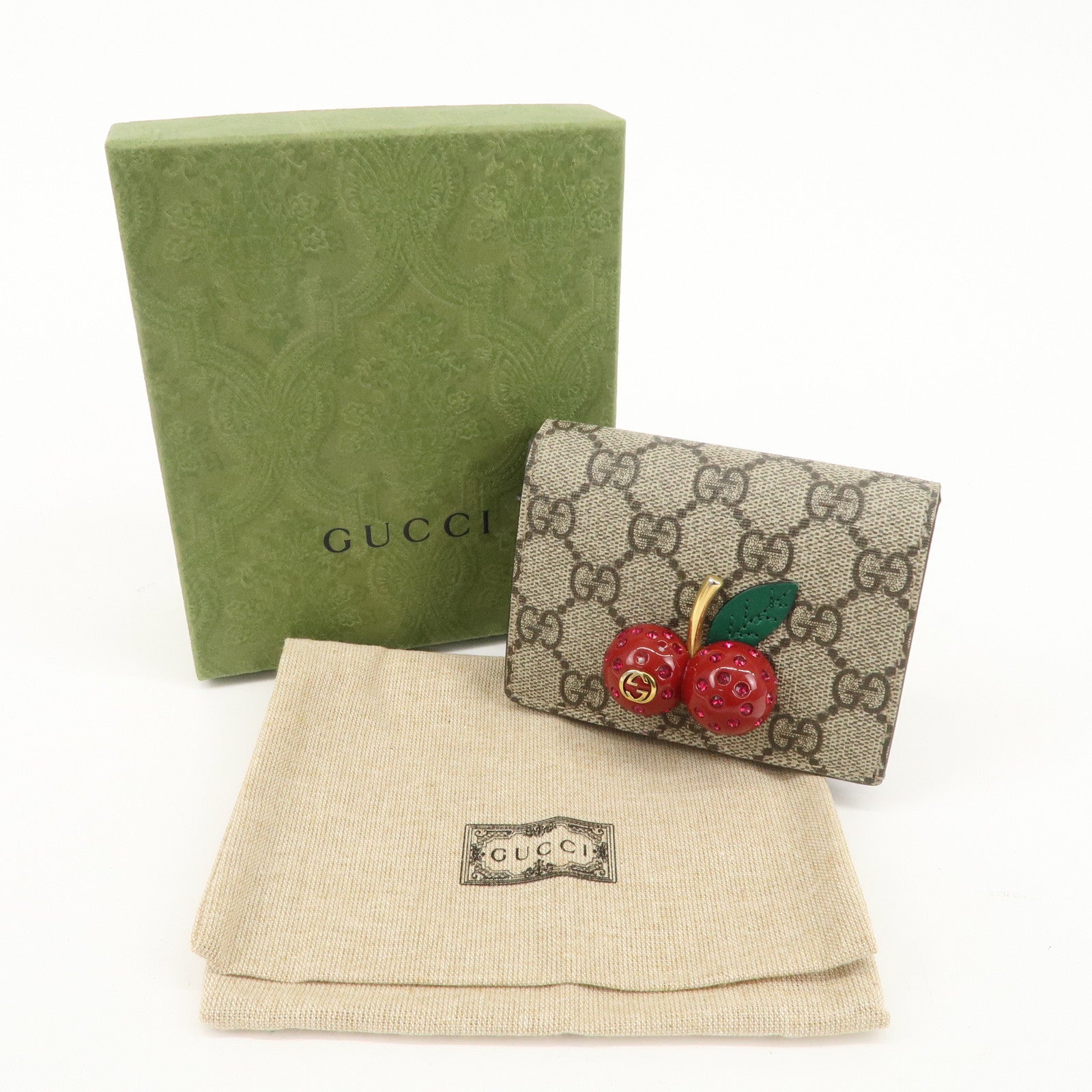 GUCCI Cherry GG Supreme Leather Compact Wallet Card Case 476050 Used