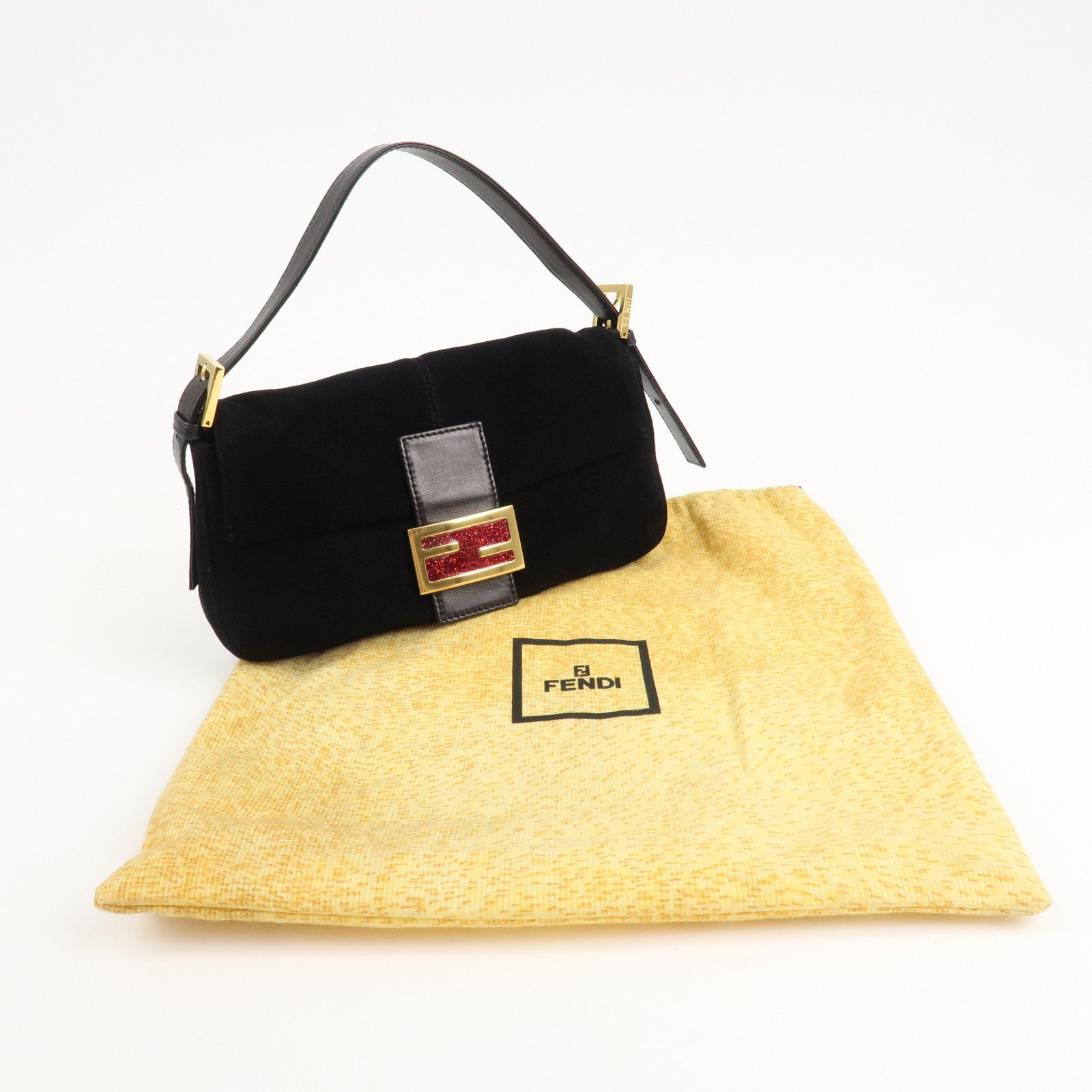 FENDI Mamma Baguette Suede Leather Shoulder Bag Black 26424 Used