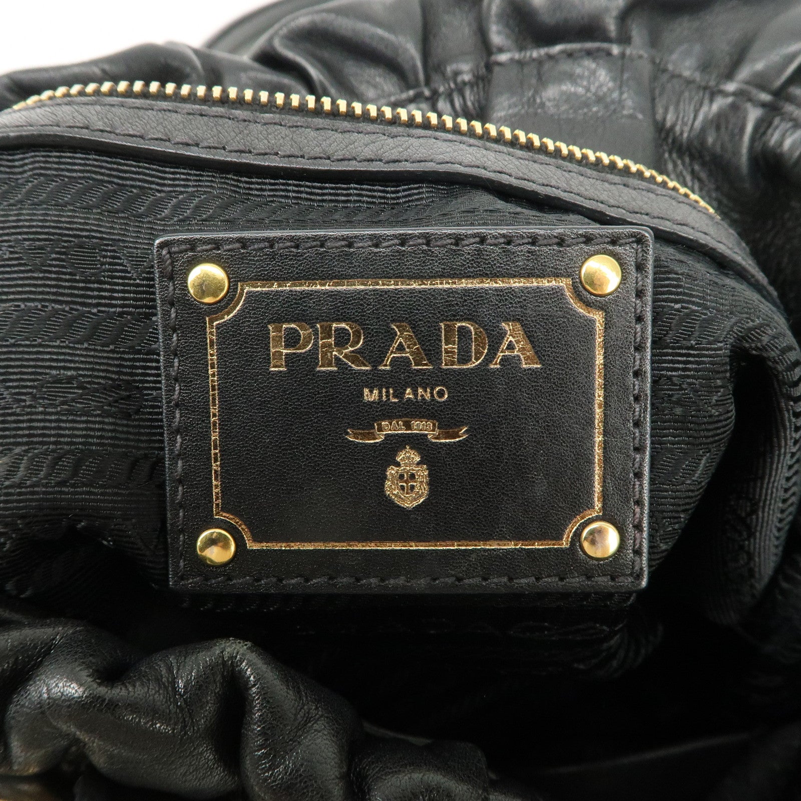 PRADA Logo Leather Gathered Hand Bag Black Gold HDW BR4259 Used