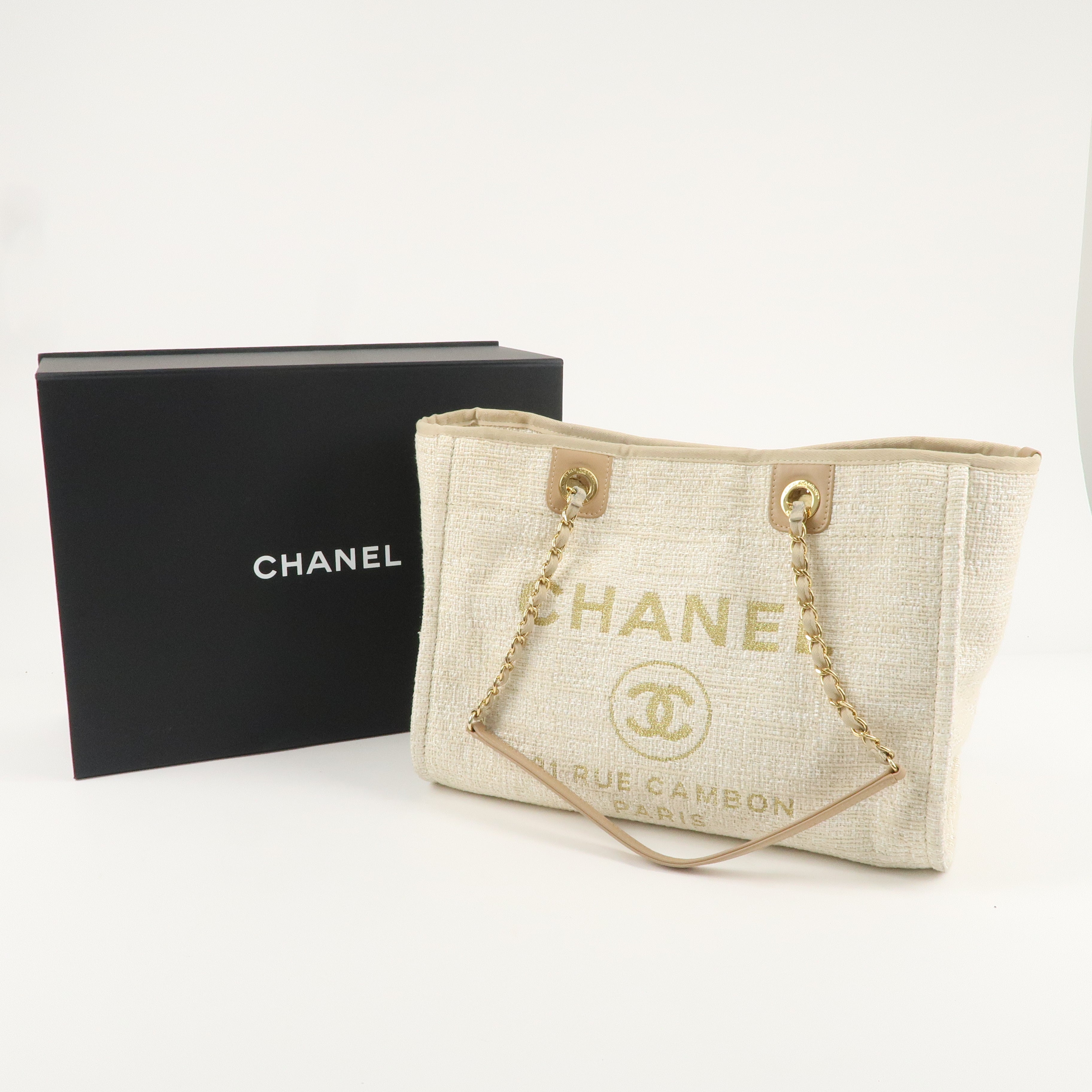 CHANEL Deauville Canvas Leather Tote Bag MM Beige Gold A67001