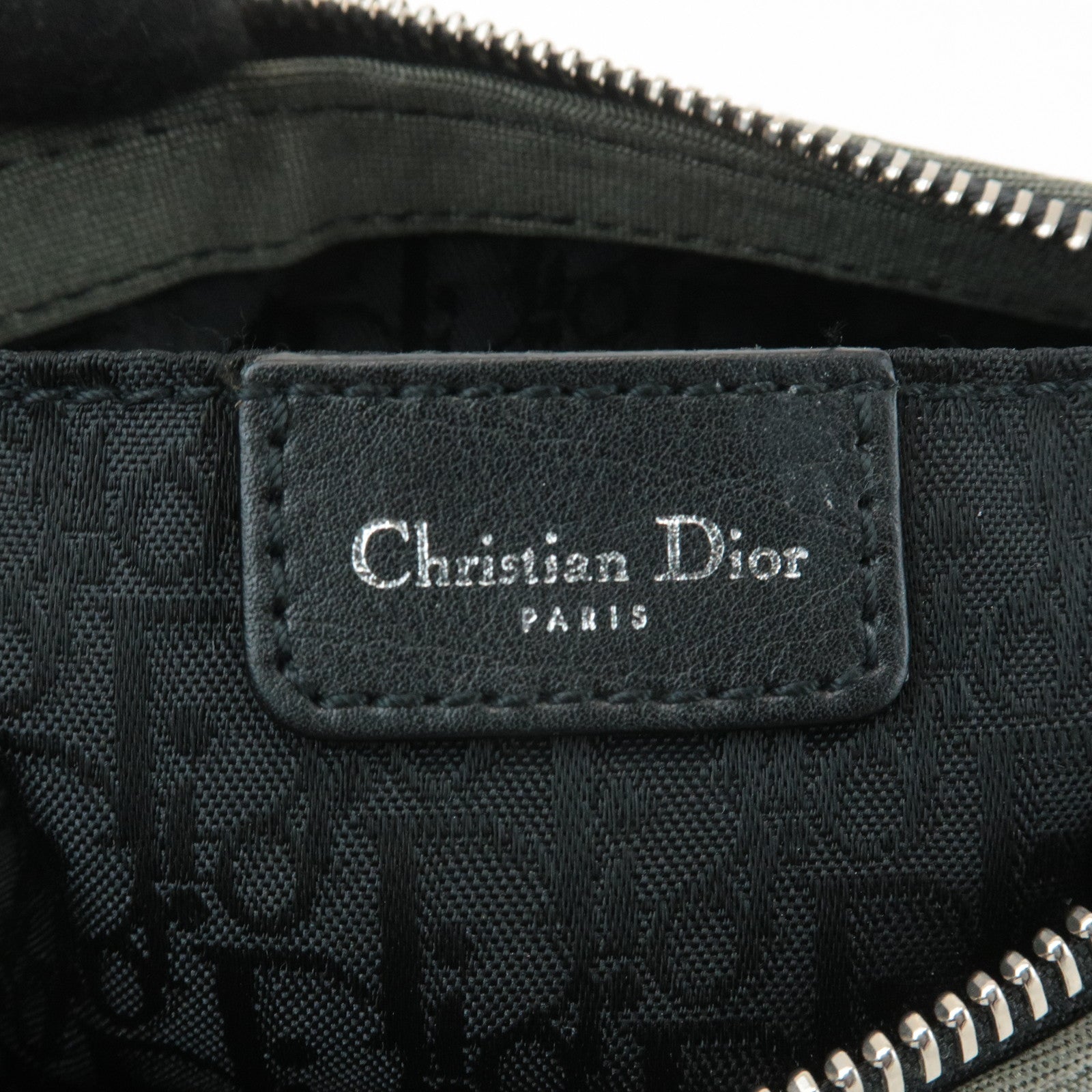 Chiristian Dior Canvas Leather Chain Pouch Hand Bag Khaki Black Used