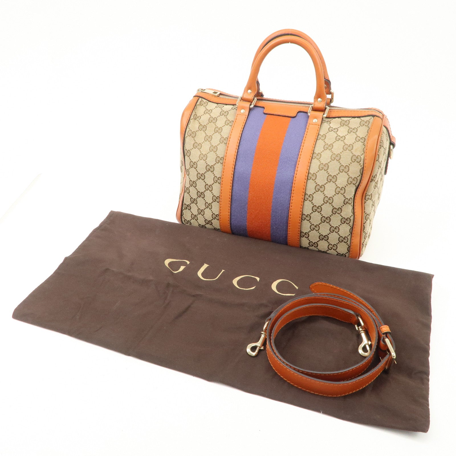 GUCCI Sherry GG Canvas Leather 2Way Boston Bag Orange 247205 Used