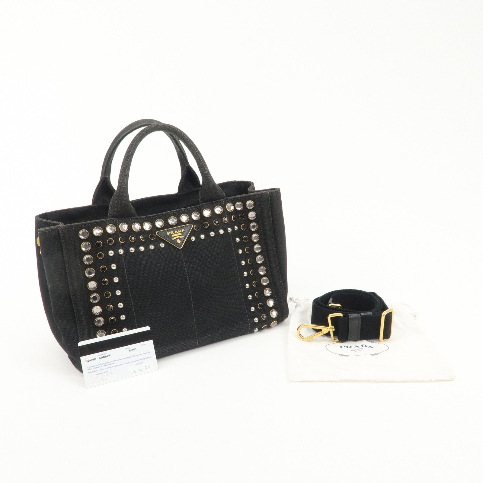 PRADA Mini Canapa Bijou Studs Canvas 2Way Bag Black B24390 Used