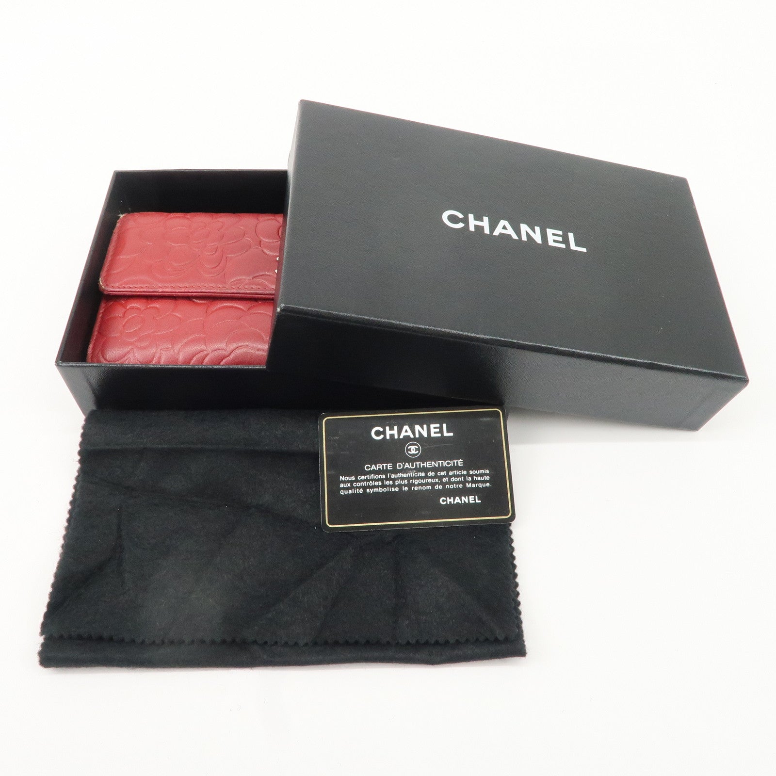 CHANEL Camelia Lamb Skin Bi-fold Long Wallet Red