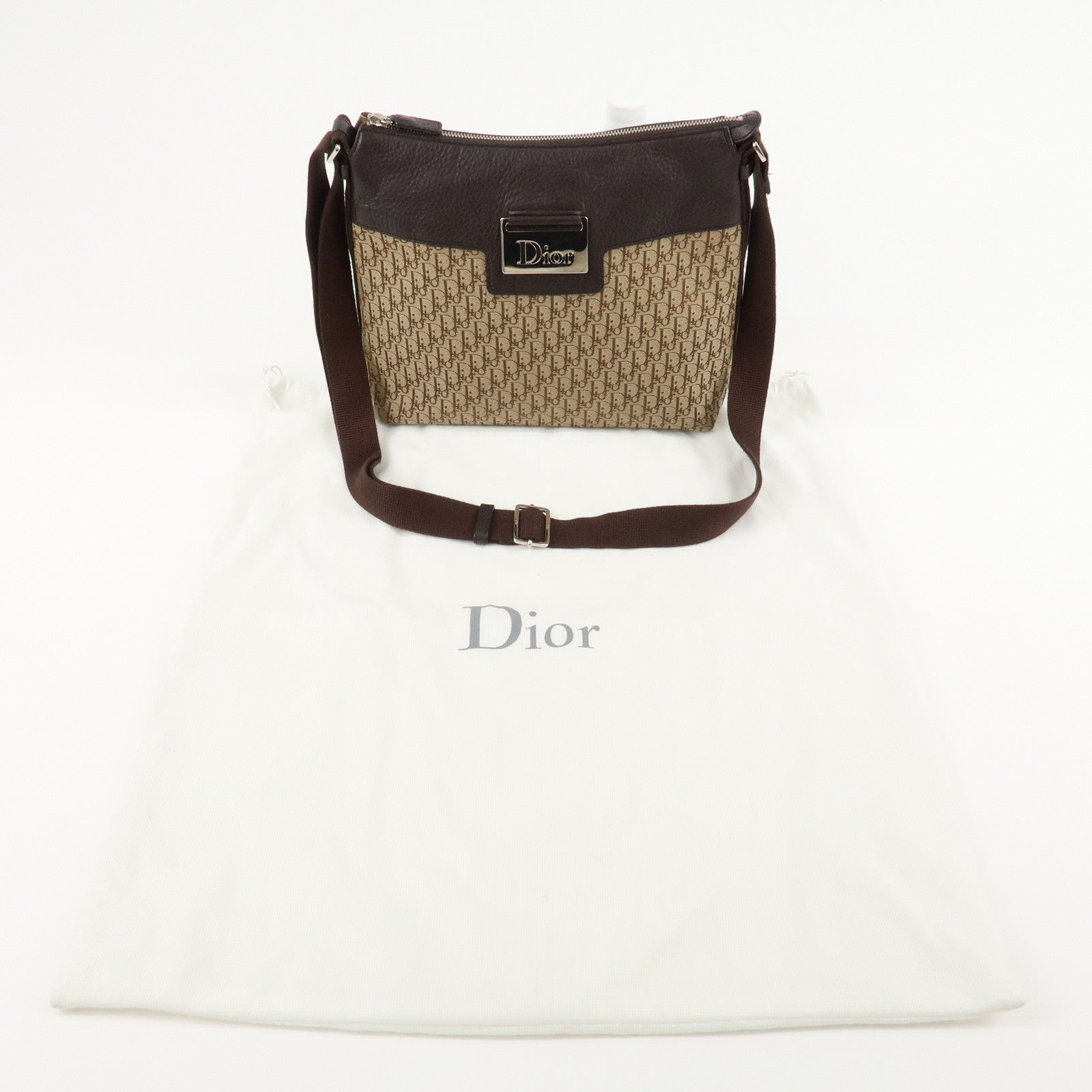 Christian Dior Trotter Canvas Leather Shoulder Bag Beige Brown Used