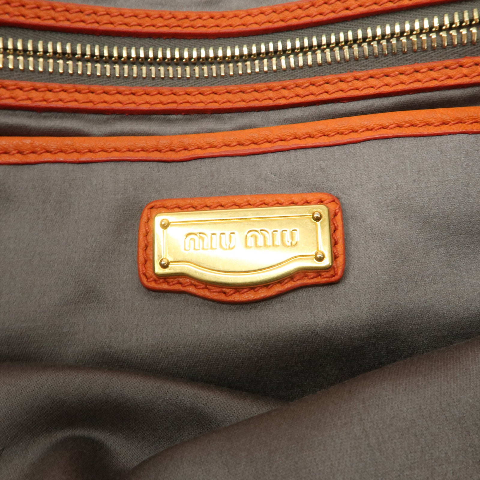 MIU MIU Leather Tote Bag Gold Logo Orange Gold Hardware Used