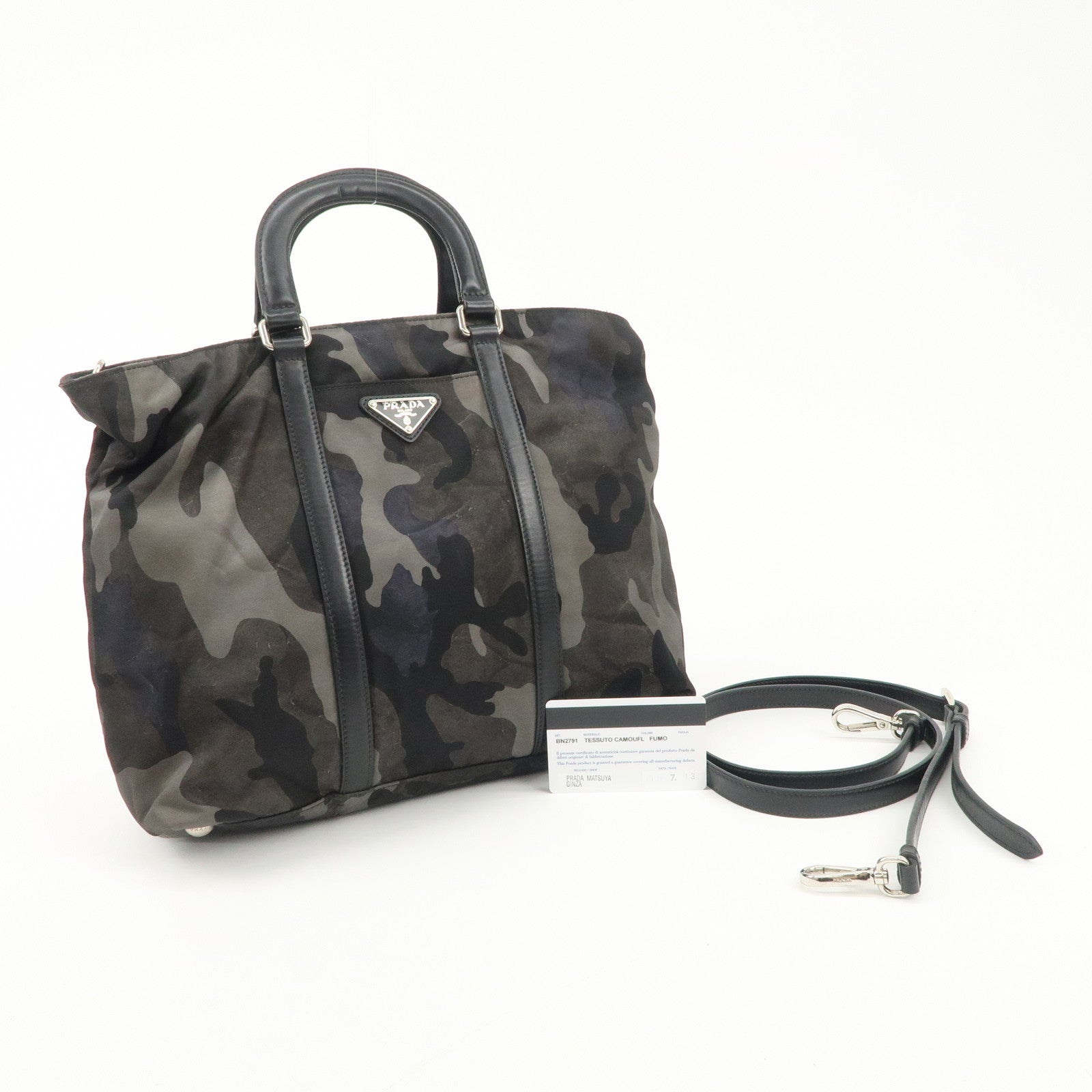 PRADA Nylon Leather 2Way Hand Bag Camouflage Khaki Black BN2791 Used