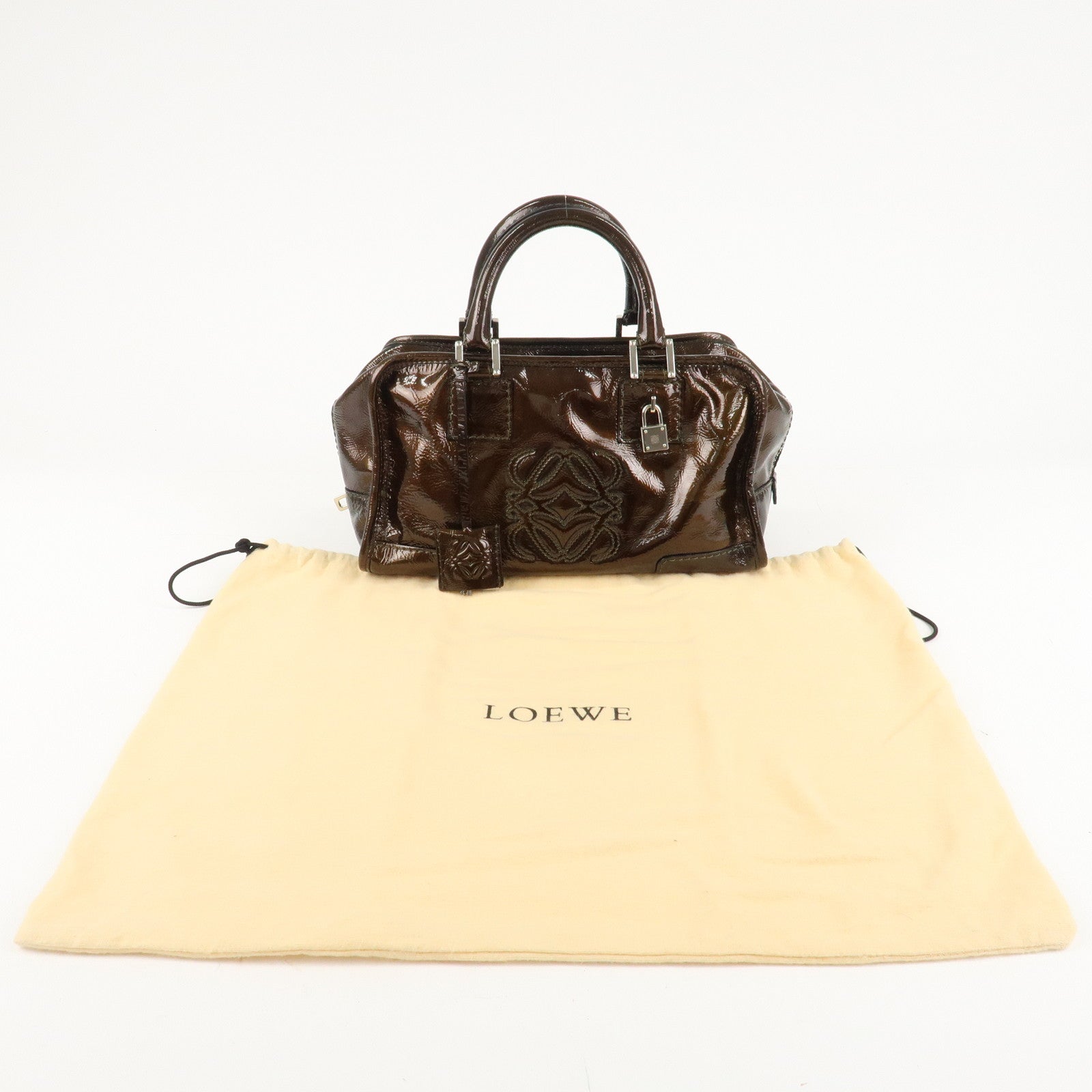 LOEWE Anagram Patent Leather Amasona28 Hand Bag  Bronze