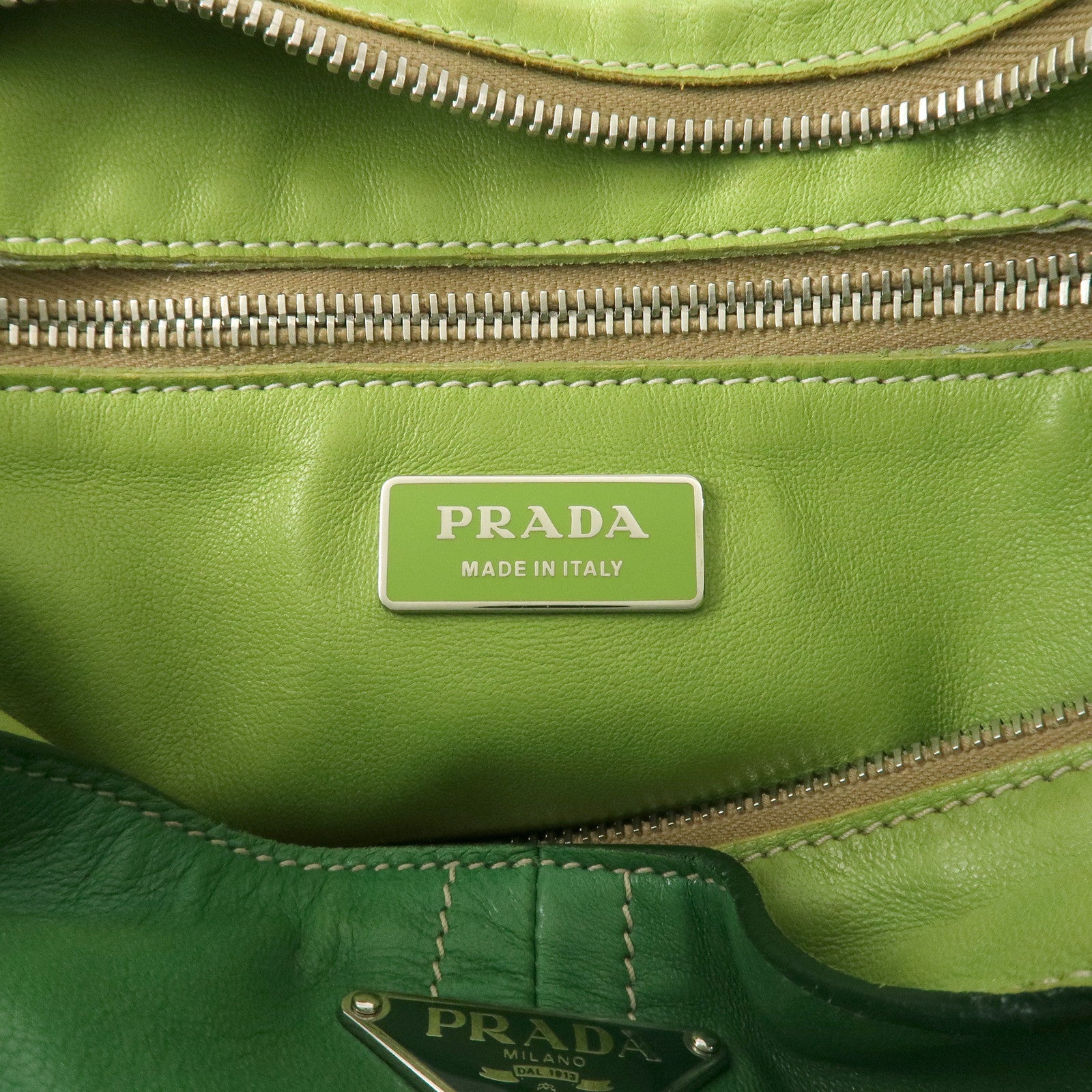 PRADA Logo Leather Tassel Shoulder Bag Hand Bag Green Used