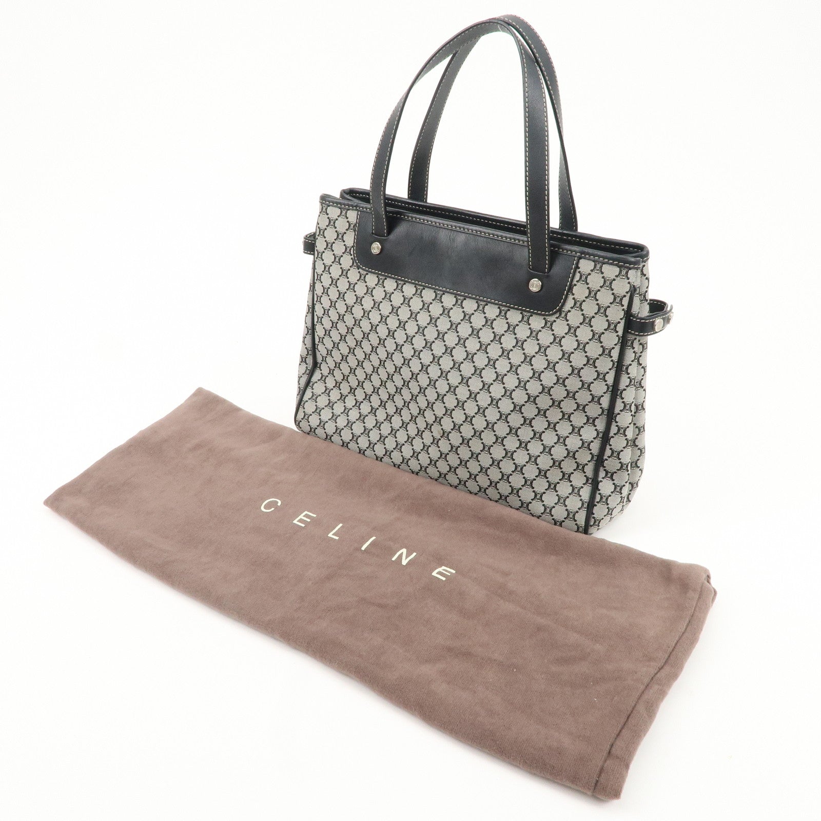 CELINE Macadam Canvas Leather Tote Bag Hand Bag Gray Black Used