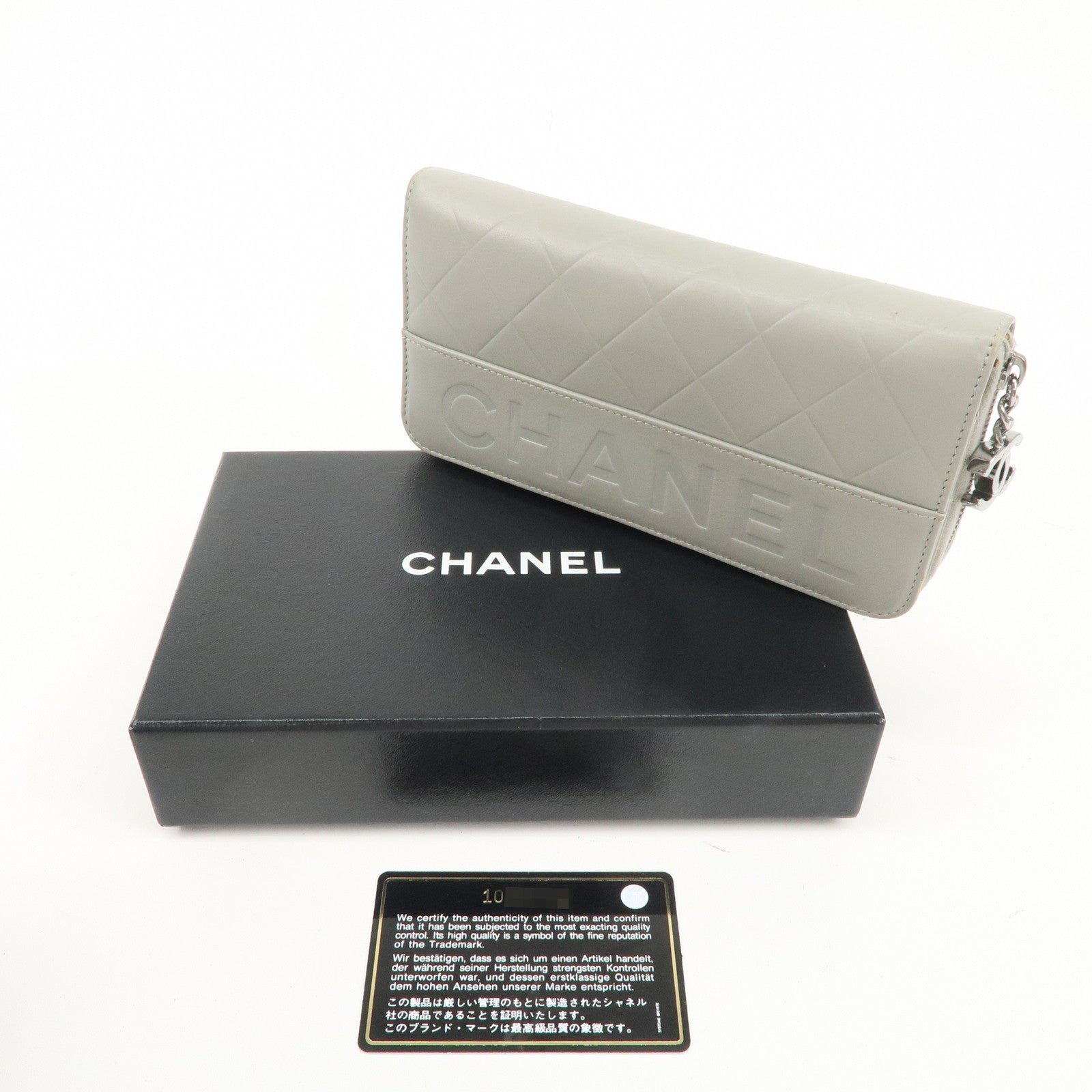 CHANEL Leather Round Zipper Long Wallet Gray Silver HDW A30071 Used