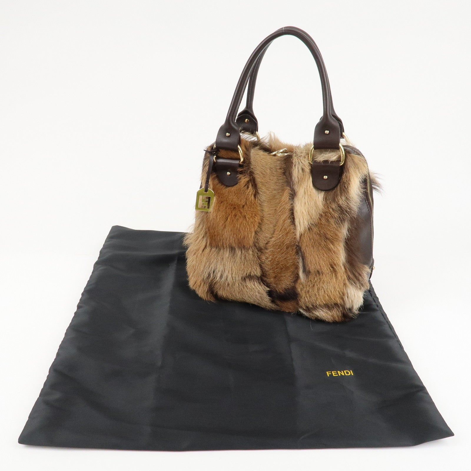 FENDI Fur Leather Tote Bag Hand Bag Shoulder Bag Brown 8BR286