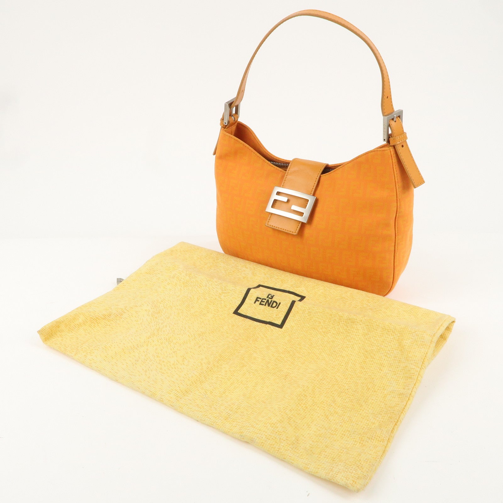 FENDI Zucchino Canvas Leather Shoulder Bag Orange 8BR036