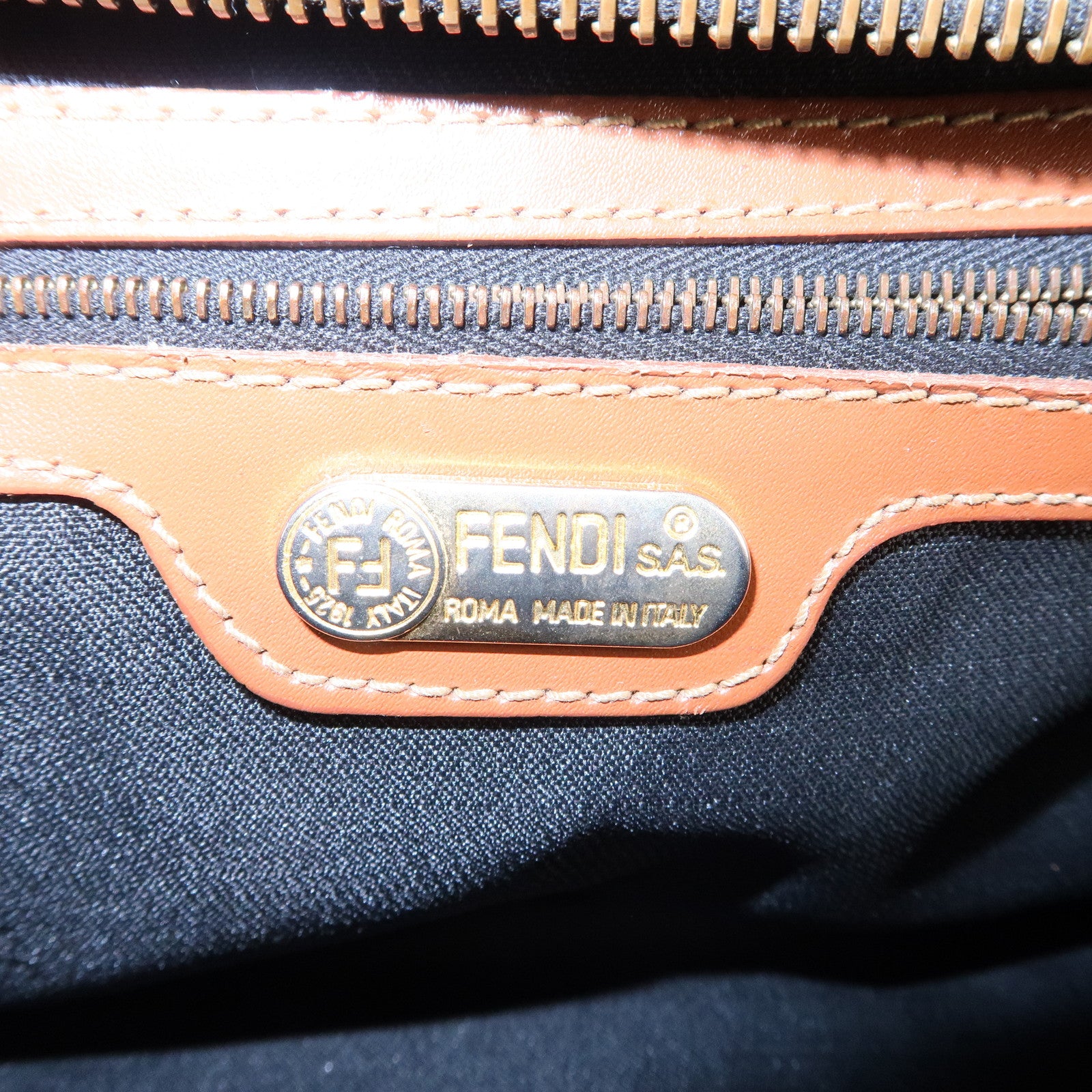 FENDI Pequin PVC Leather Boston Bag Hand Bag Brown Black