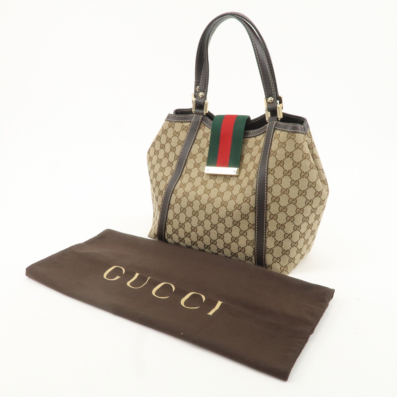 GUCCI Sherry Line GG Canvas Leather Hand Bag Beige Brown 364835 Used