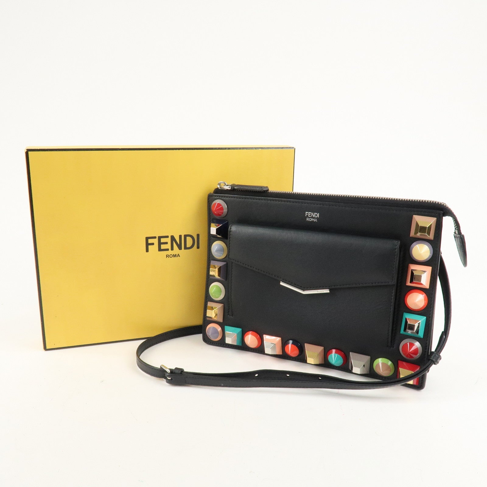 FENDI Leather Toujours Multi-Studs Shoulder Bag Black 8M0369