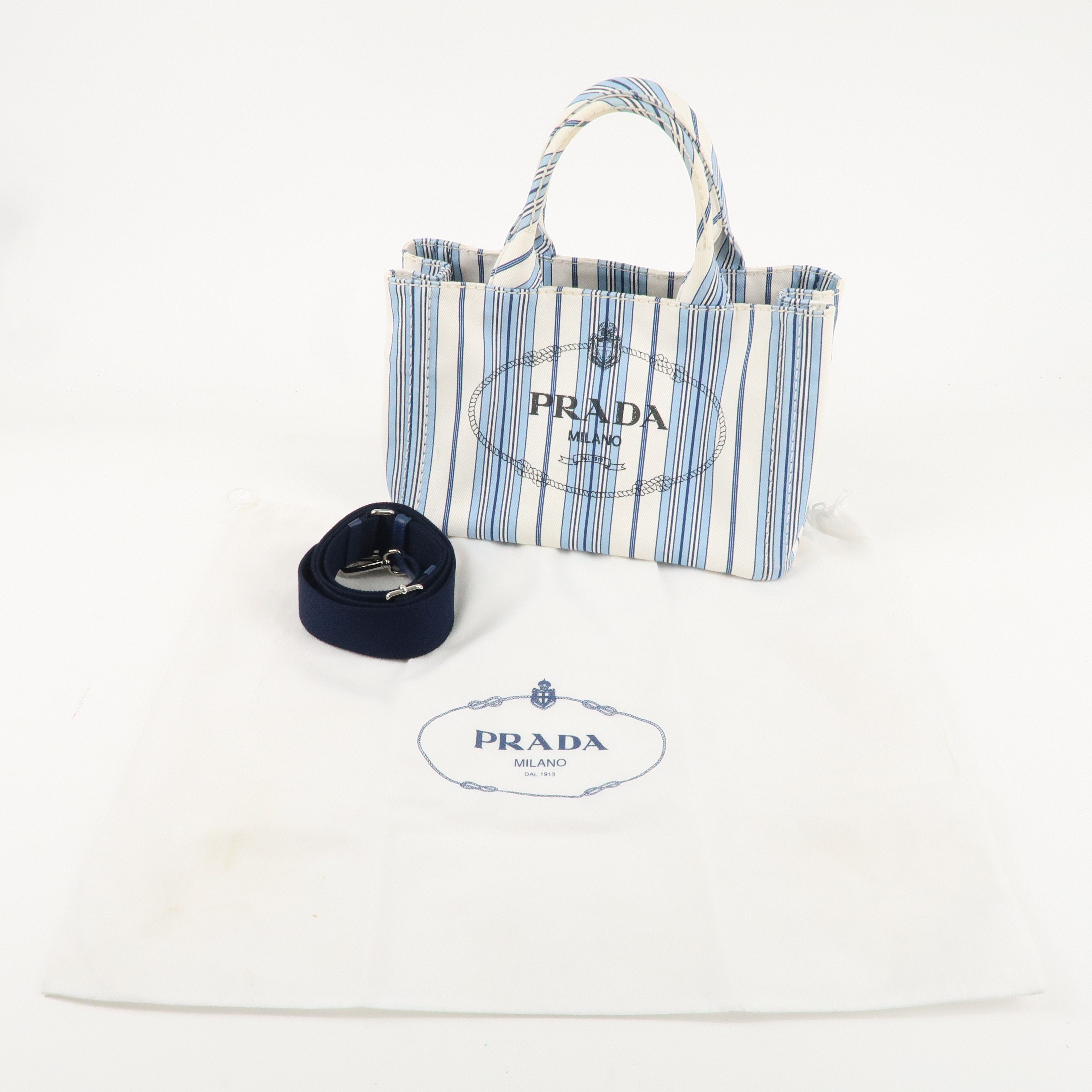 PRADA Canapa Canvas Mini Stripe 2Way Bag Hand Bag White Blue