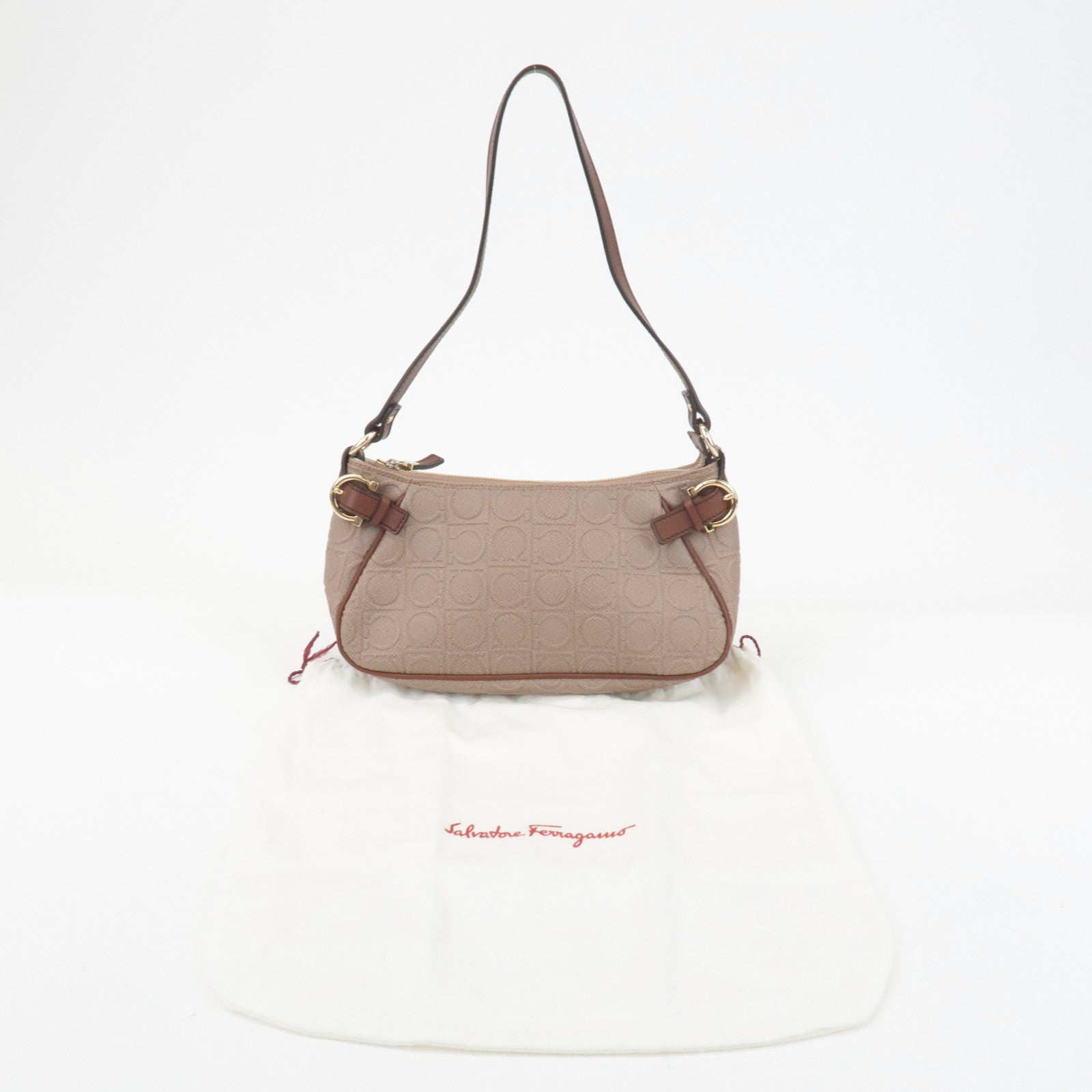 Ferragamo Gancini PVC Leather Shoulder Bag Pink Beige Brown