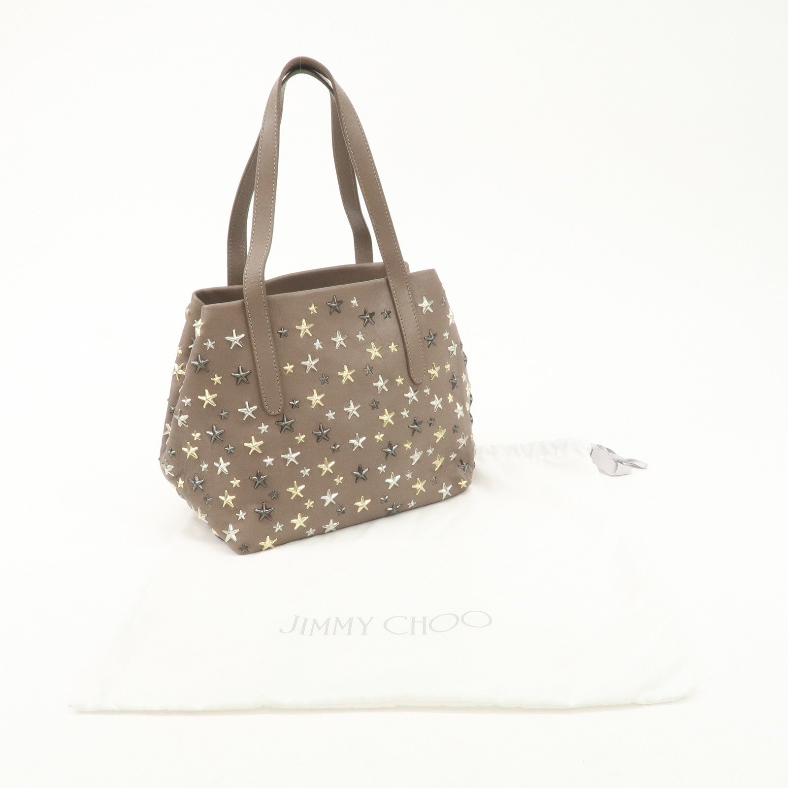 JIMMY CHOO Zodiac Leather Studs Tote Bag Hand Bag Pink Beige Used