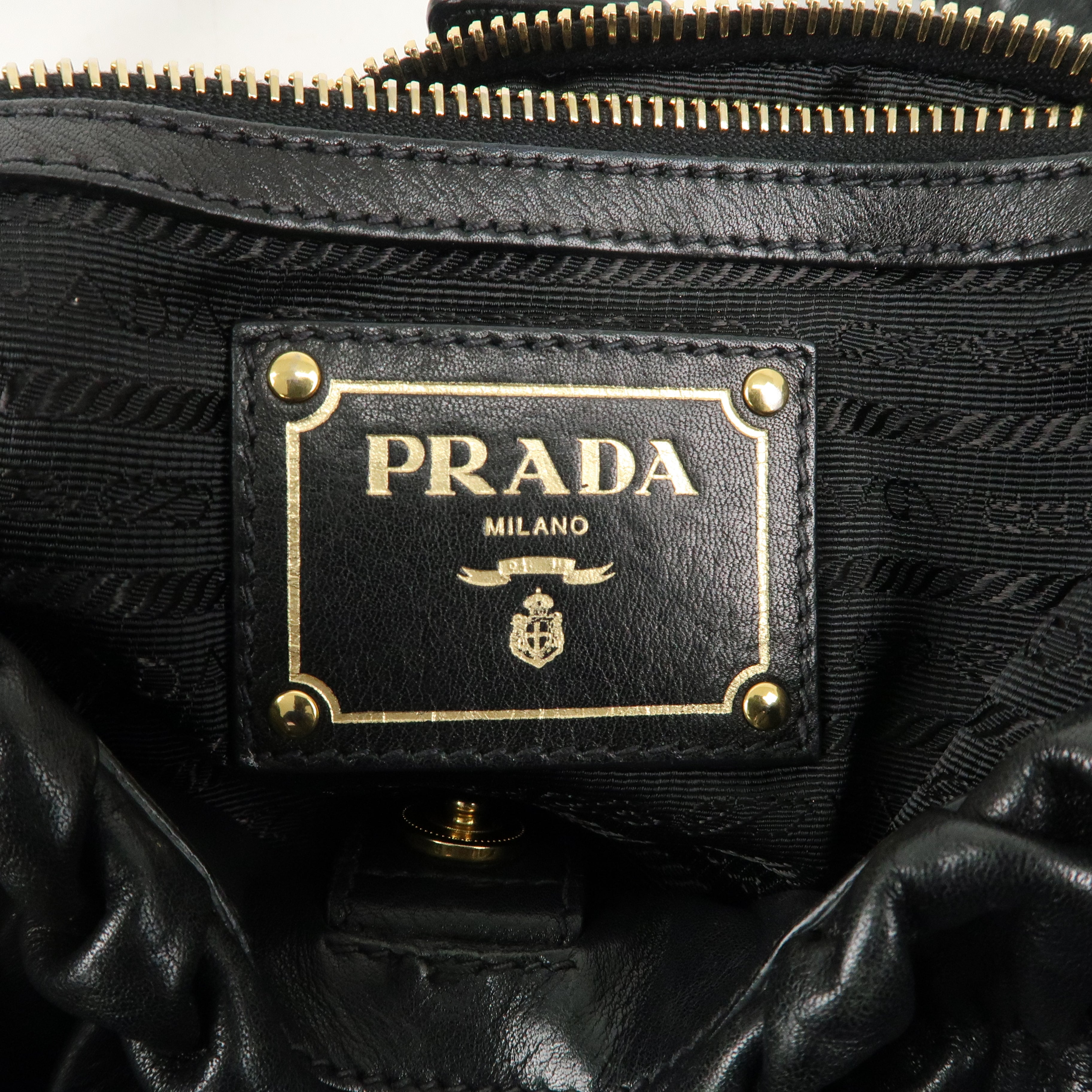 PRADA Logo Leather Shoulder Hand Bag Black Gold Hardware