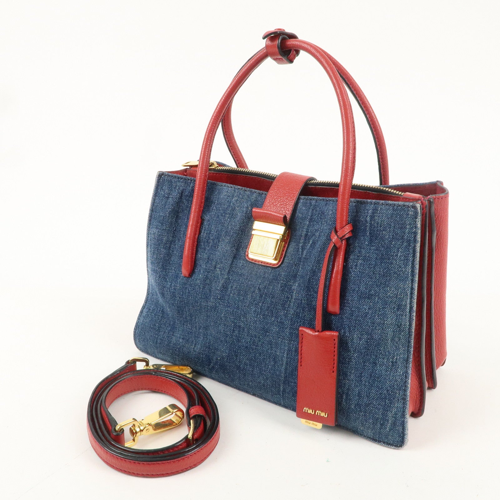 MIU MIU Denim Leather 2Way Tote Bag Shoulder Bag Blue Red