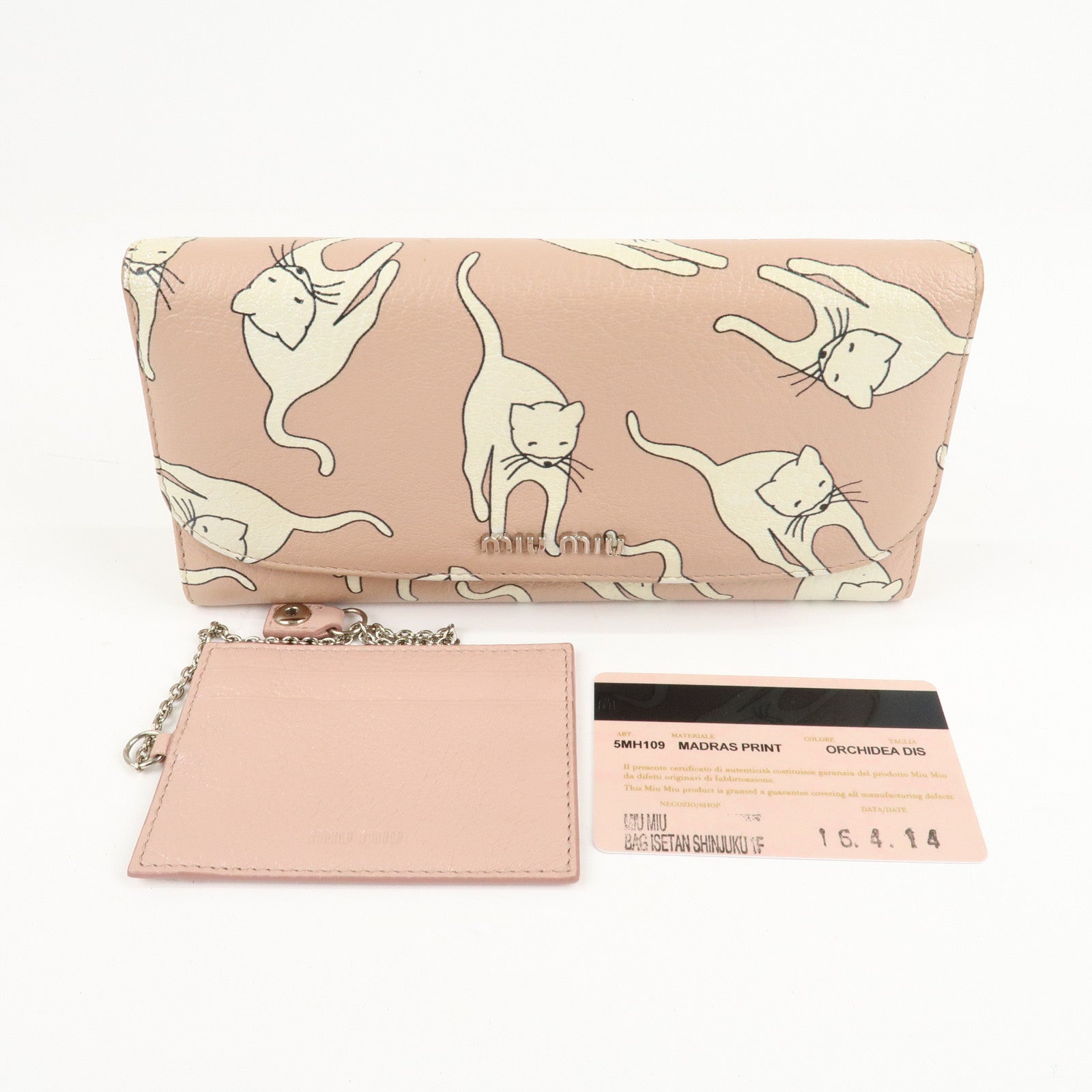 MIU MIU Leather Cat Motif Long Wallet Pink Beige 5MH109 Used