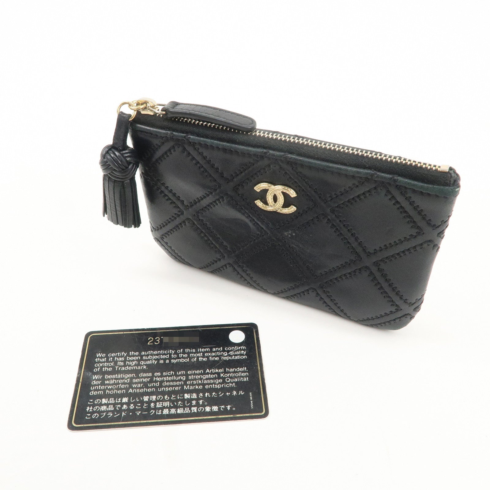 CHANEL Lamb Skin COCO Mark Double Stitch Pouch Black Used