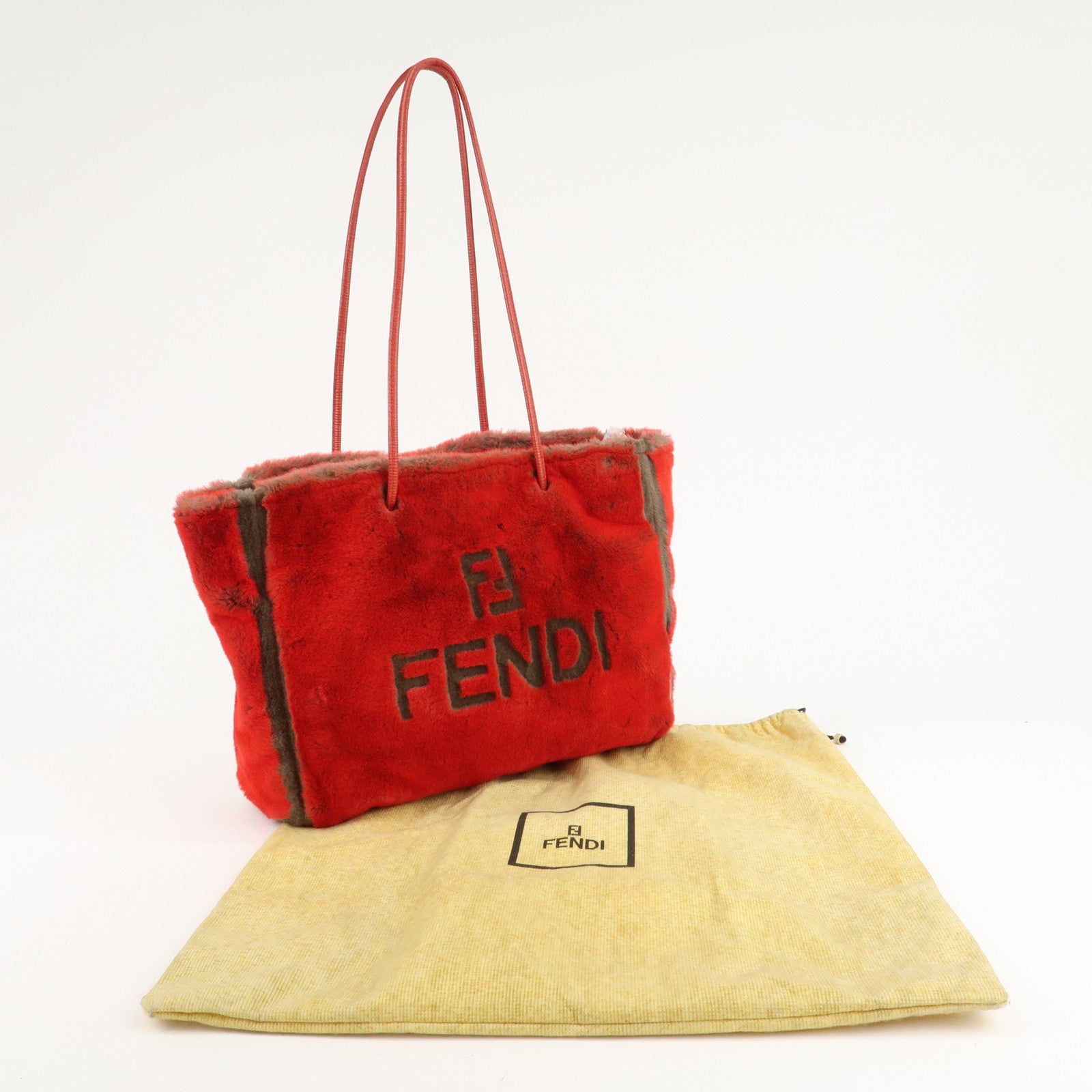 FENDI Leather Fake Fur Shoulder Bag Tote Bag Red Used