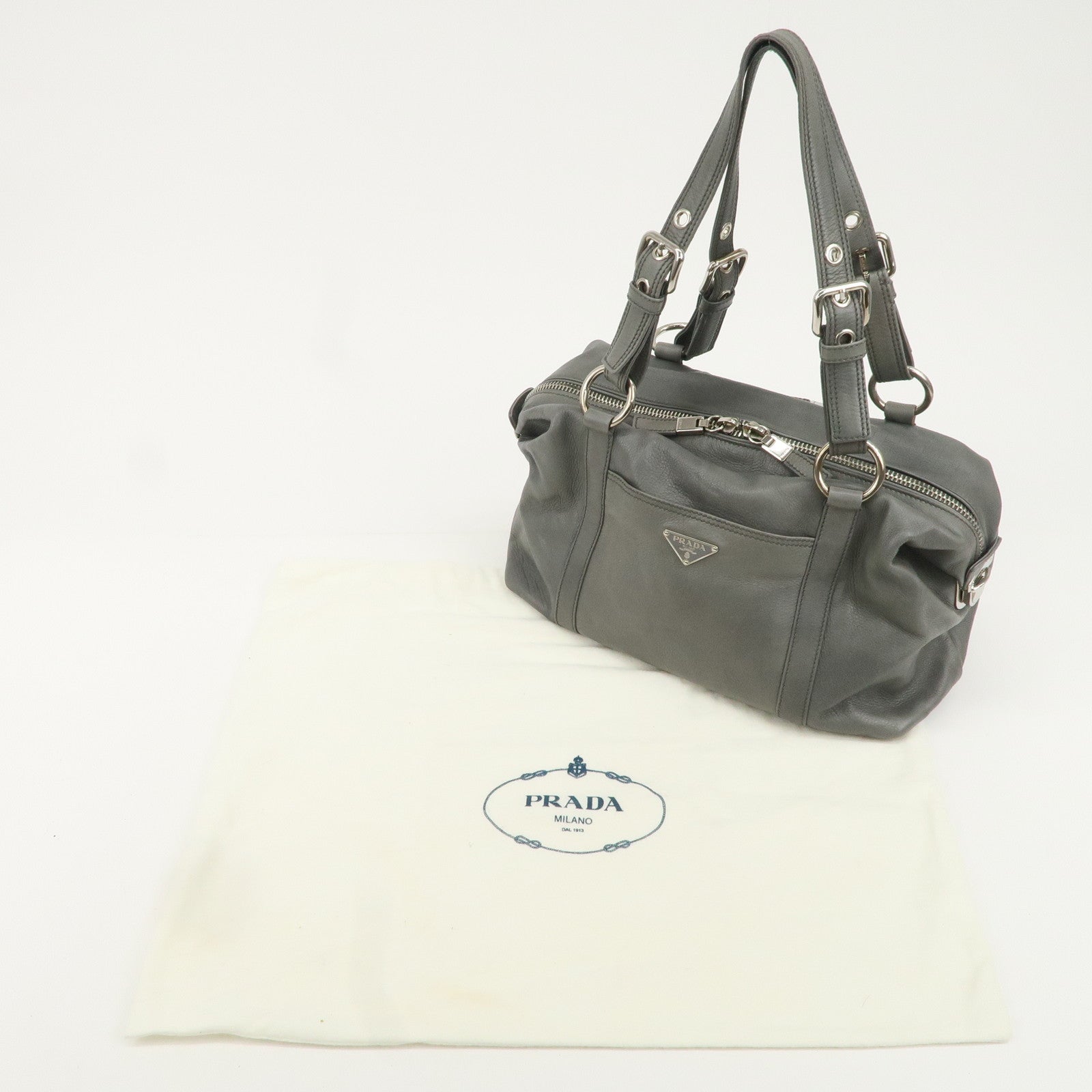 PRADA Leather Boston Bag Shoulder Bag Gray Silver Hardware Used