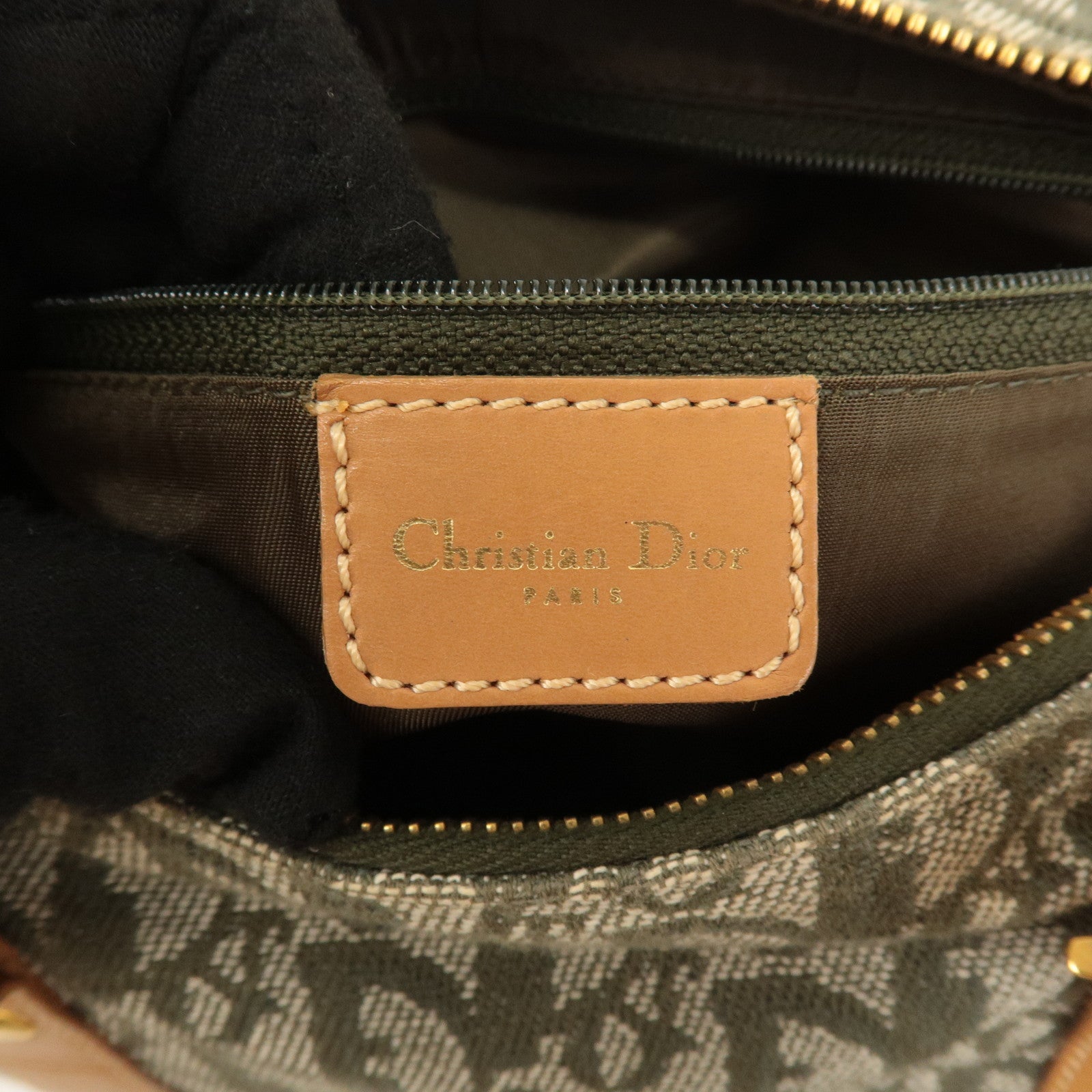 Christian Dior Trotter Canvas Leather Boston Bag Green Light Brown