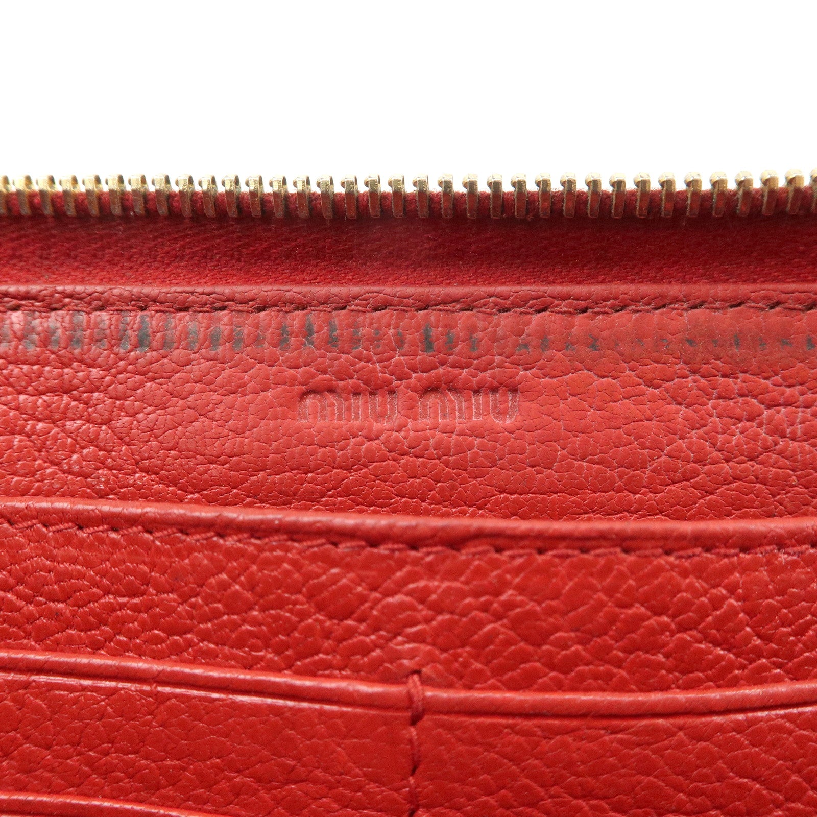 MIU MIU Leather Round Zipper Long Wallet Bijou Studs Red