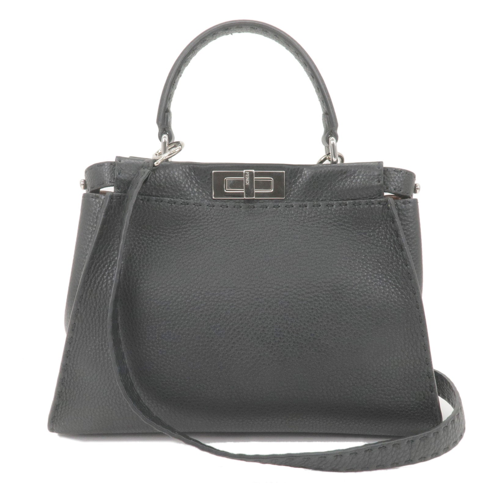 FENDI Selleria Peekaboo Regular Leather 2WAY Bag Black 8BN290