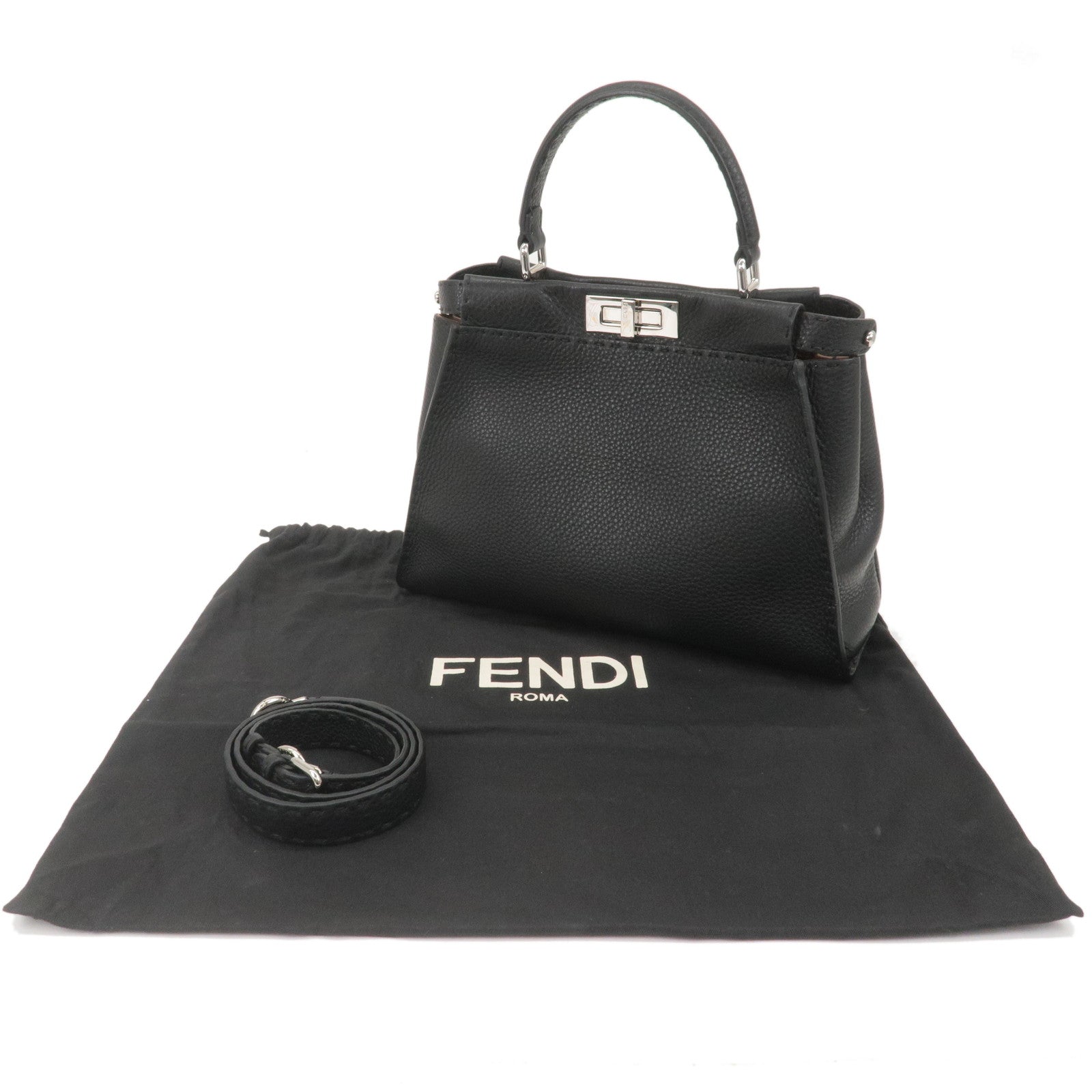 FENDI Selleria Peekaboo Regular Leather 2WAY Bag Black 8BN290